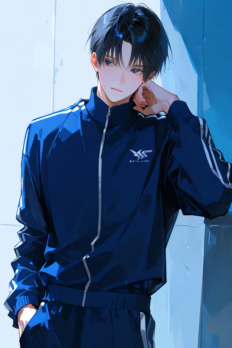 Man, Cheerfull Boy, Handsome, Clean face, Dark Blue Hoodie, Black Training Pants, Tall, Full Body, High Quality, Very Detail, High Resolution, Highly Detailed