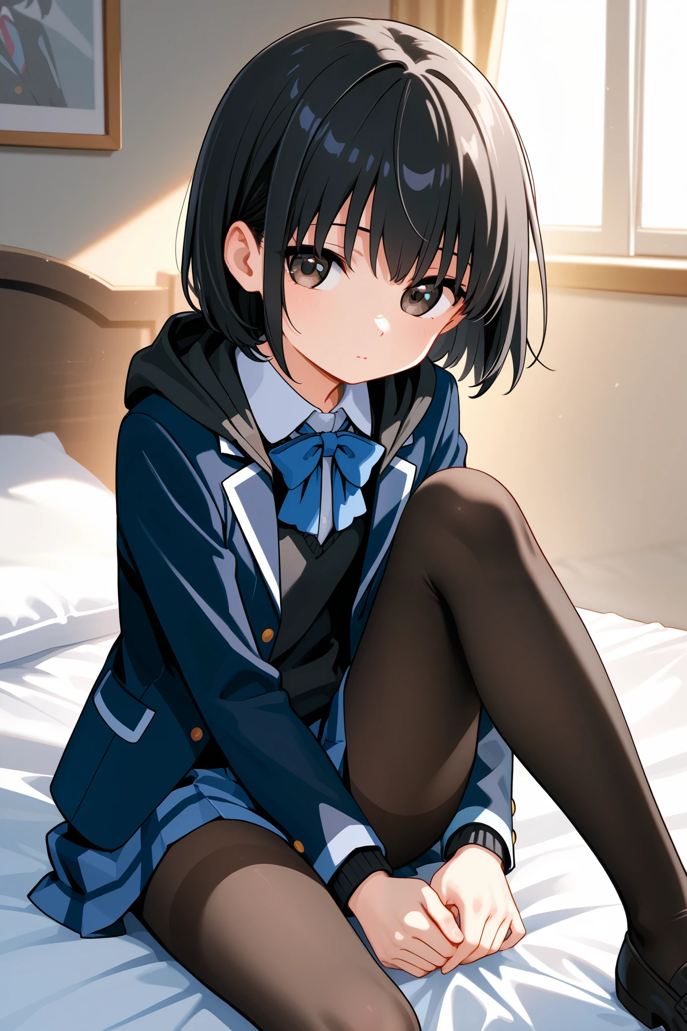 (Ideal:1.2), (perfect:1.2), (flawless:1.2), (highest quality:1.2), (best quality:1.2), on bed, 1girl, (evil smirk:1.2), (:1.2), young, (school uniform:1.1), detailed body, sexy thighs, small breasts, short hair, high quality eyes, 4K, highest quality resolution, best quality resolution, best quality upscale, no panties, no underwear 