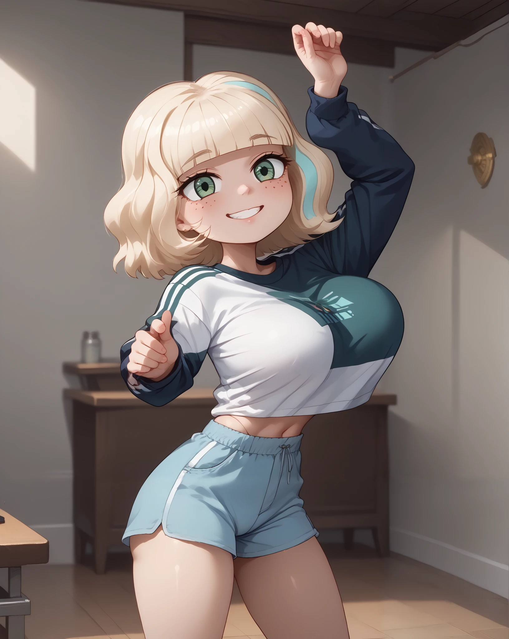 highly detailed skin texture, finely detailed hair, perfect face, perfect body, perfect hair, perfect anatomy, portrait, dynamic angle, wide view, wide-angle lens,, extremely detailed, CG, 8k Amazing, finely detail)), (intricate details, depth of field), 8k UHD, (masterpiece, best quality),(amazing quality,very aesthetic,absurdres,best quality,newest, masterpiece)), ultra detailed, best quality, beautiful face, perfect anatomy, anatomically correct, athletic sexy body, Expressiveh, (cute face, cute body))), (((Jackie Lynn Thomas,1girl,solo,short hair,blonde hair,shirt,long sleeves,green eyes,white shirt,shorts,medium hair,kneehighs,freckles,blue tight shorts,raglan sleeves, high wasted thong), cowboy shot, bursting breasts))), ((large breasts, slim sexy body, curvy hips, seductive pose, flirting, naughty face, blush)), (((looking at viewer, happy smile, joy, cowboy shot, dynamic pose)))), curvy, toned, athletic, standing, arms up, (((seductive pose, sexy pose, cowboy pose)), indoors,((hourglass figure)), ((pinup pose, seductive pose,dynamic pose, seductive), ((precise face and eyes:1))