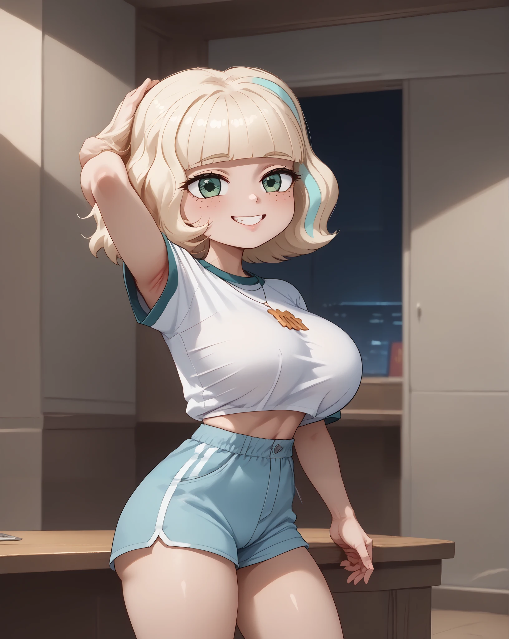 highly detailed skin texture, finely detailed hair, perfect face, perfect body, perfect hair, perfect anatomy, portrait, dynamic angle, wide view, wide-angle lens,, extremely detailed, CG, 8k Amazing, finely detail)), (intricate details, depth of field), 8k UHD, (masterpiece, best quality),(amazing quality,very aesthetic,absurdres,best quality,newest, masterpiece)), ultra detailed, best quality, beautiful face, perfect anatomy, anatomically correct, athletic sexy body, Expressiveh, (cute face, cute body))), (((Jackie Lynn Thomas,1girl,solo,short hair,blonde hair,shirt,long sleeves,green eyes,white shirt,shorts,medium hair,kneehighs,freckles,blue tight shorts,raglan sleeves, high wasted thong), cowboy shot, bursting breasts))), ((large breasts, slim sexy body, curvy hips, seductive pose, flirting, naughty face, blush)), (((looking at viewer, happy smile, joy, cowboy shot, dynamic pose)))), curvy, toned, athletic, standing, arms up, (((seductive pose, sexy pose, cowboy pose)), indoors,((hourglass figure)), ((pinup pose, seductive pose,dynamic pose, seductive), ((precise face and eyes:1))