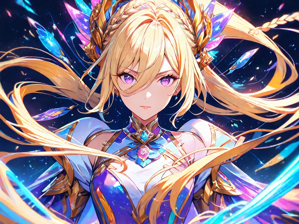 (masterpiece, top quality, best quality, official art, Beautiful and beautiful:1.2), (1 Girl), magician girl, Extremely detailed, (Fractal Art:1.3), rich and colorful, The most detailed, Perfect face, begie hair, blue eyes, big, silm, HDR, (pray:1.3), (random color clothes with golden lines:1.2), galaxy, (Light streaks), Eye-Catching Visuals, (Dynamic Stripes, Luminous trails:1.2), Vibrant colors, illustration, messy_long_hair, CG Unity, 8K wallpaper, Dunhuang_style
