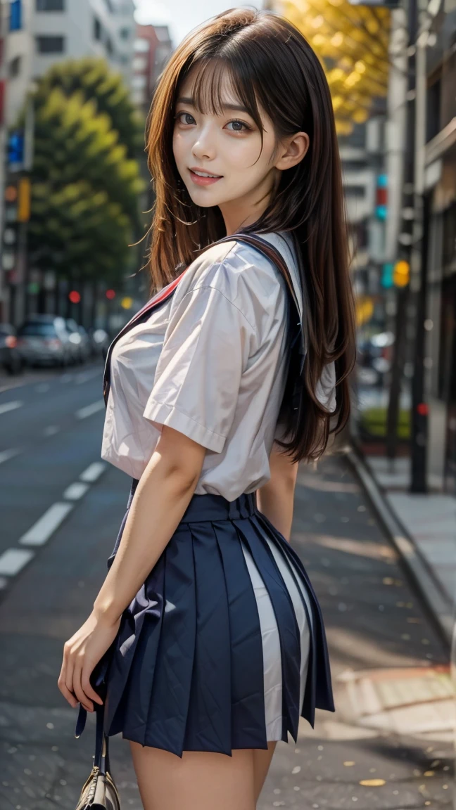 ((top-quality、8K、​masterpiece：1.3))、foco nítido：1.2、Beautiful Women in Perfect Style：1.4、Slender Abs：1.2、((dark brown hair、Colossal tits：1.2))、(natural soft light、City Street:1.1)、Highly detailed facial and skin texture、A detailed eye、二重まぶた、Sexy schoolgirl in miniskirt sailor suit、A slight smil,Facing backwards,Wearing T-back panties,Sexy ass visible,emphasis on the buttocks