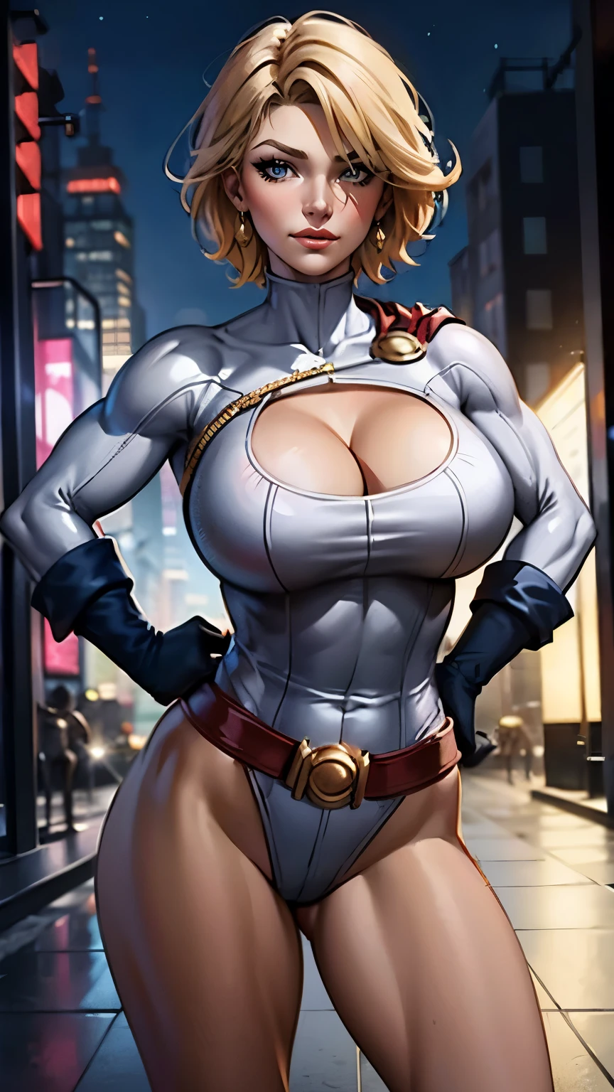 Alice Eve ss Power Girl, standing looking at the viewer, cleavage, round boobs, slim waist, curvy hips, slim athletic body, wearing Power Girl outfit, tight outfit, blue gloves, cape, cameltoe, short blonde hair, beautiful detailed eyes, beautiful detailed lips, beautiful detailed nose, comic art style, streets in background, hands on her hip, dramatic lighting, PhotoRealistic,