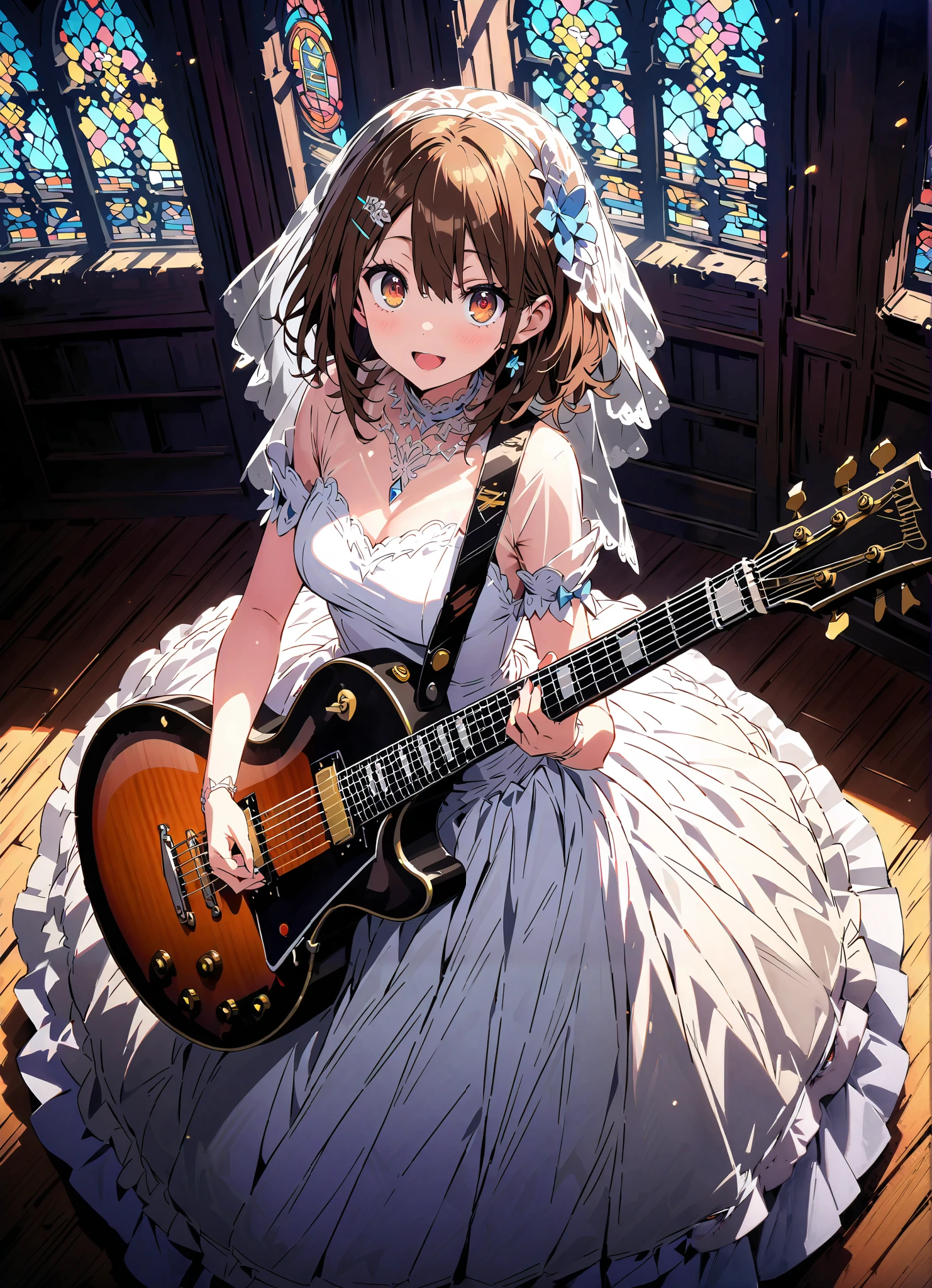 score_9, score_8_up, score_7_up, source_anime,
Plane, Plane, brown eyes, brown hair, hair ornament, hair clips, medium hair,Veil,wedding dress,wedding long skirt,guitar( Gibson Les Paul) , Instrument playing, Stage Performance ,Sing in front of the microphone, Play in front of the microphone,is standing,smile,cover,open your mouth wide,stained glass,full bodyがillustrationsに入るように,break indoors,Chapel,church,
break looking at viewer,full body,
break (masterpiece:1.2), Highest quality, high resolution, Unity 8k 壁紙, (illustrations:0.8), (beautiful detailed eyes:1.6), very detailed face, so that it fits into the illustration, extremely detailed CG,full body写真, (perfect hand, perfect anatomy),