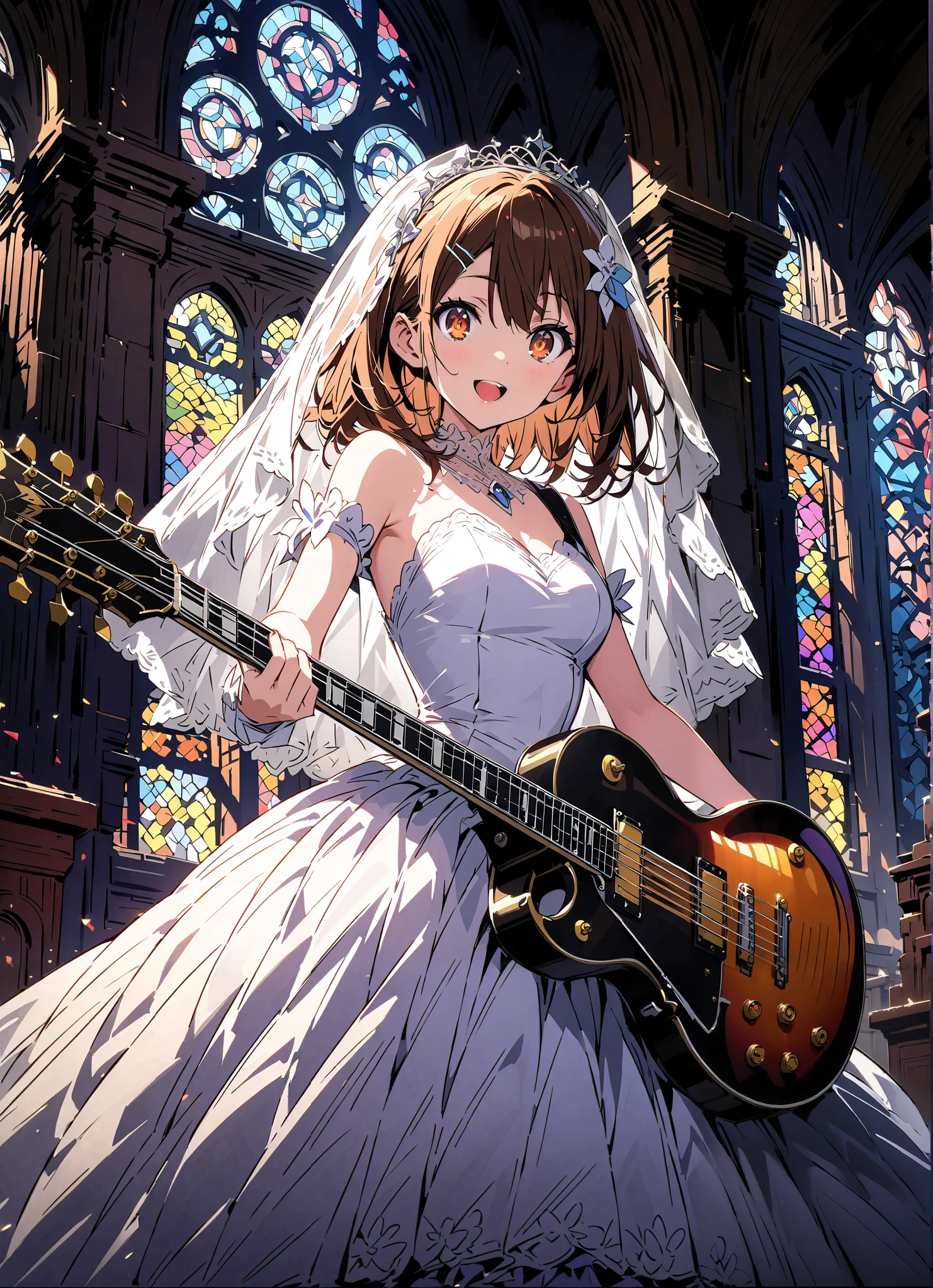 score_9, score_8_up, score_7_up, source_anime,
Plane, Plane, brown eyes, brown hair, hair ornament, hair clips, medium hair,Veil,wedding dress,wedding long skirt,guitar( Gibson Les Paul) , Instrument playing, Stage Performance ,Sing in front of the microphone, Play in front of the microphone,is standing,smile,cover,open your mouth wide,stained glass,full bodyがillustrationsに入るように,break indoors,Chapel,church,
break looking at viewer,full body,
break (masterpiece:1.2), Highest quality, high resolution, Unity 8k 壁紙, (illustrations:0.8), (beautiful detailed eyes:1.6), very detailed face, so that it fits into the illustration, extremely detailed CG,full body写真, (perfect hand, perfect anatomy),