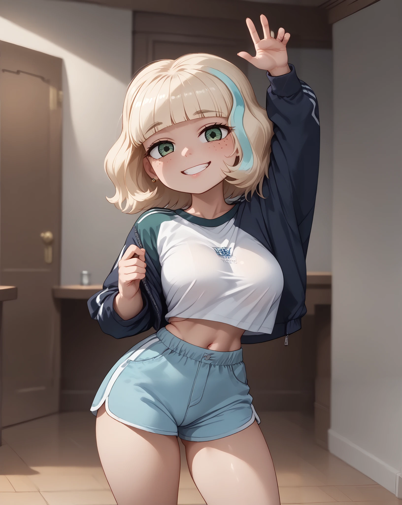 highly detailed skin texture, finely detailed hair, perfect face, perfect body, perfect hair, perfect anatomy, portrait, dynamic angle, wide view, wide-angle lens,, extremely detailed, CG, 8k Amazing, finely detail)), (intricate details, depth of field), 8k UHD, (masterpiece, best quality),(amazing quality,very aesthetic,absurdres,best quality,newest, masterpiece)), ultra detailed, best quality, beautiful face, perfect anatomy, anatomically correct, athletic sexy body, Expressiveh, (cute face, cute body))), (((Jackie Lynn Thomas,1girl,solo,short hair,blonde hair,shirt,long sleeves,green eyes,white shirt,shorts,medium hair,kneehighs,freckles,blue tight shorts,raglan sleeves, high wasted thong), cowboy shot, bursting breasts))), ((large breasts, slim sexy body, curvy hips, seductive pose, flirting, naughty face, blush)), (((looking at viewer, happy smile, joy, cowboy shot, dynamic pose)))), curvy, toned, athletic, standing, arms up, (((seductive pose, sexy pose, cowboy pose)), indoors,((hourglass figure)), ((pinup pose, seductive pose,dynamic pose, seductive), ((precise face and eyes:1))