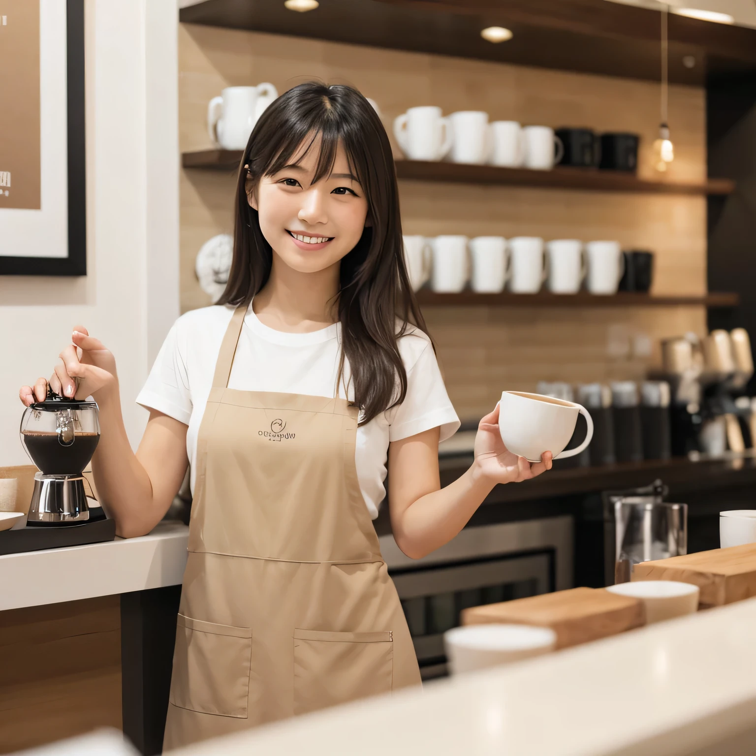 young Japanese Cute female barista, smiling warmly as she stands in a minimalist café. Dressed in a white T-shirt and a brown apron, she holds a coffee cup in one hand and a frothing pitcher in the other, framed by delicate beige-and-gray lines that complement the neutral tones of the space. 16:9 aspect ratio, clean and modern aesthetic.