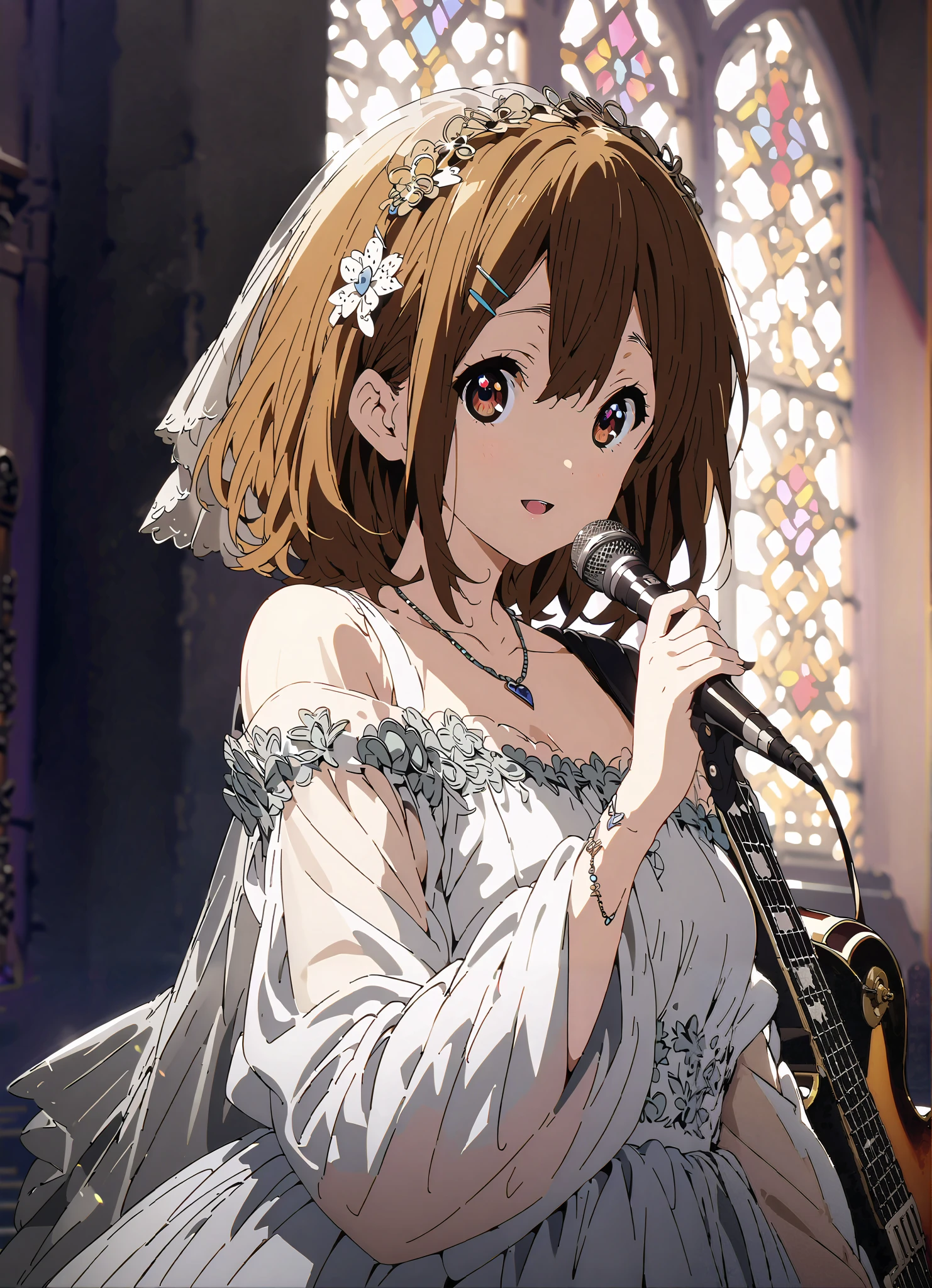 score_9, score_8_up, score_7_up, source_anime,
Plane, Plane, brown eyes, brown hair, hair ornament, hair clips, medium hair,Veil,necklace,Off Shoulder Wedding Dress,wedding long skirt,guitar( Gibson Les Paul) , Instrument playing, Stage Performance ,Sing in front of the microphone, Play in front of the microphone,is standing,smile,cover,open your mouth wide,stained glass,full bodyがillustrationsに入るように,break indoors,Chapel,church,
break looking at viewer,full body,
break (masterpiece:1.2), Highest quality, high resolution, Unity 8k 壁紙, (illustrations:0.8), (beautiful detailed eyes:1.6), very detailed face, so that it fits into the illustration, extremely detailed CG,full body写真, (perfect hand, perfect anatomy),