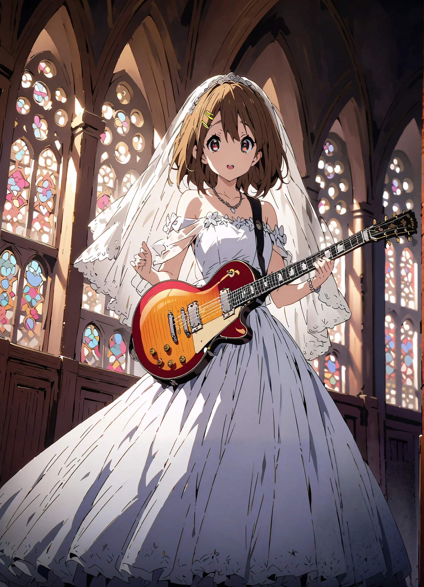 score_9, score_8_up, score_7_up, source_anime,
Plane, Plane, brown eyes, brown hair, hair ornament, hair clips,  medium hair,Veil,necklace,Off Shoulder Wedding Dress,wedding long skirt,guitar( Gibson Les Paul) , Instrument playing, Stage Performance ,Sing in front of the microphone, Play in front of the microphone,is standing,smile,cover,open your mouth wide,stained glass,full bodyがillustrationsに入るように,break indoors,Chapel,church,
break looking at viewer,full body,
break (masterpiece:1.2), Highest quality, high resolution, Unity 8k 壁紙, (illustrations:0.8), (beautiful detailed eyes:1.6), very detailed face,  so that it fits into the illustration, extremely detailed CG,full body写真, (perfect hand, perfect anatomy),