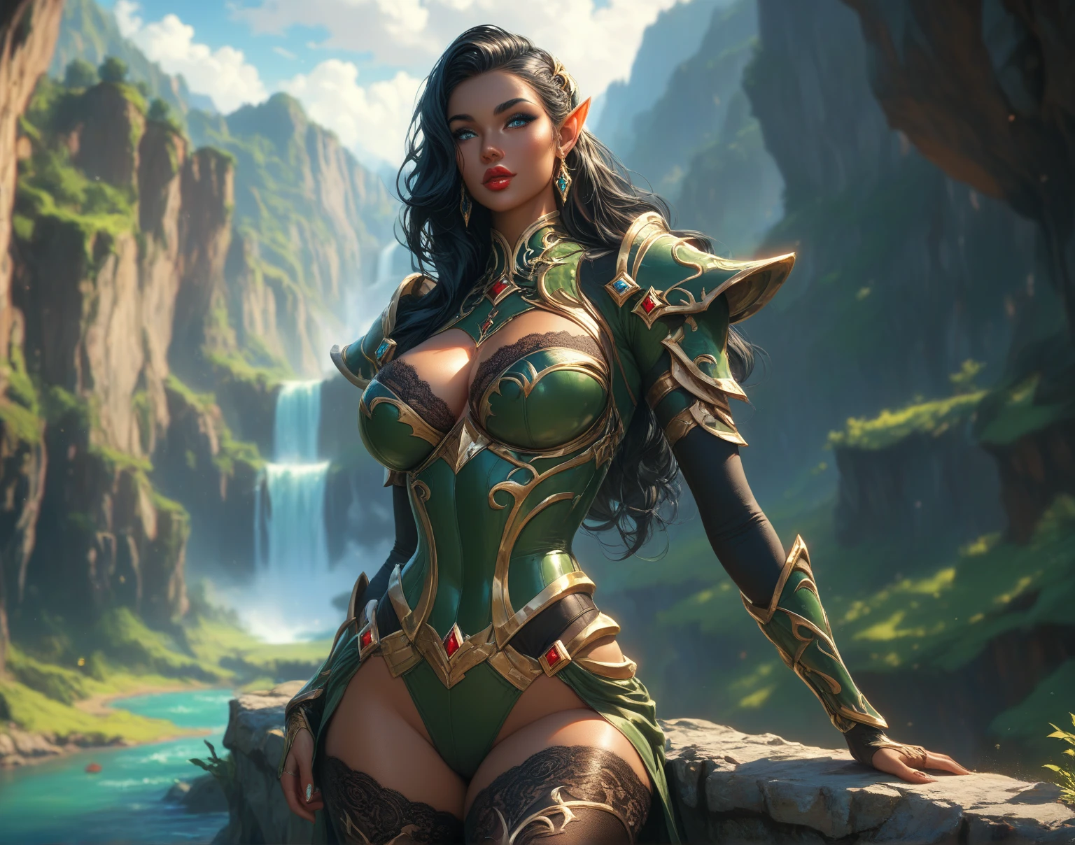 a fantasy landscape, ancient ruins, lush forests, rolling hills, mystical atmosphere, beautiful detailed eyes, beautiful detailed lips, extremely detailed face, long eyelashes, young female protagonist, adventurous pose, sword and shield, warm lighting, cinematic composition, vibrant colors, digital painting, concept art style