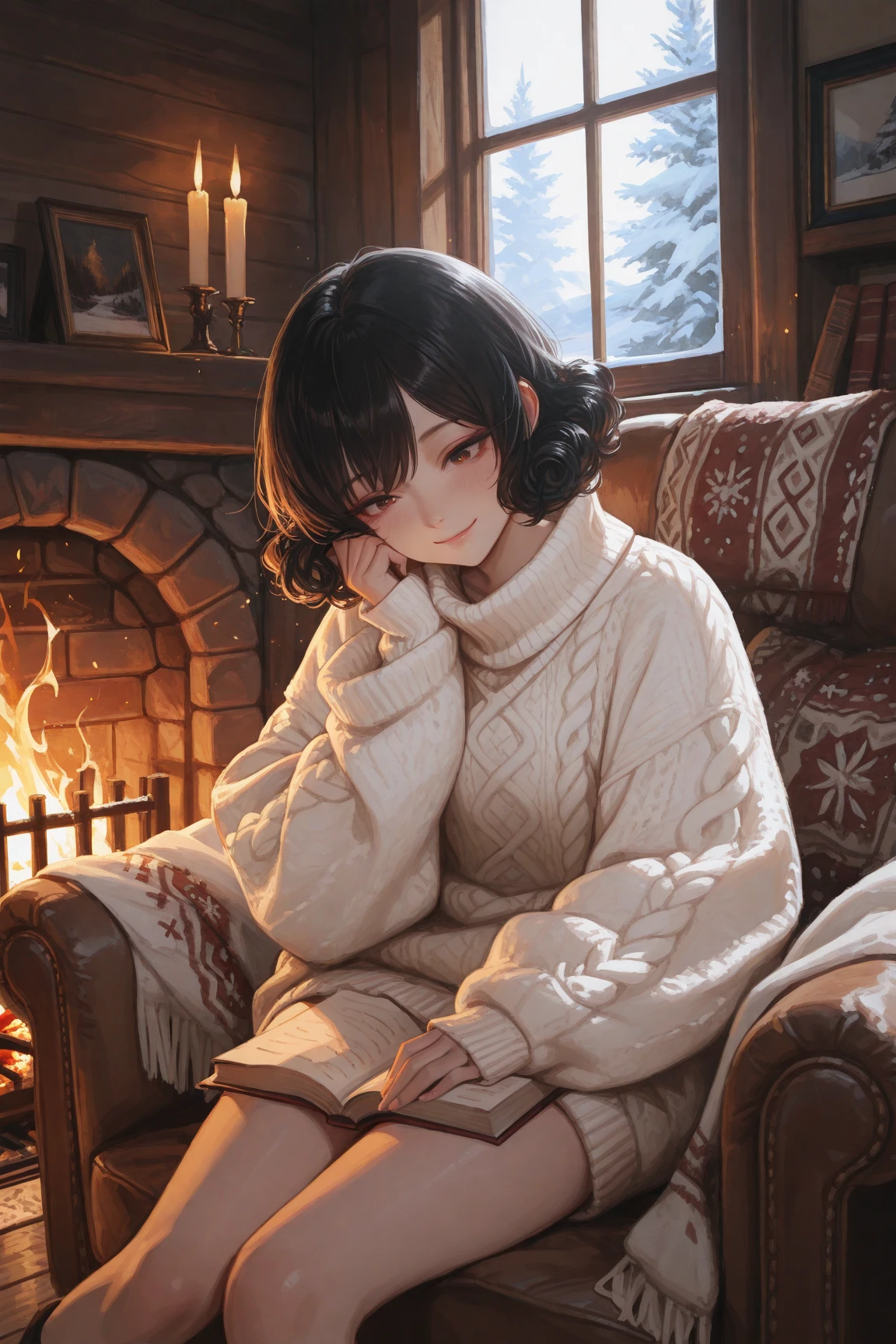A highly detailed, ultra-realistic digital illustration of a beautiful young Asian woman, depicted from the thighs up, ensuring her entire head is within the frame. She has long, voluminous black hair styled in soft, cascading curls, with delicate bangs framing her face. Her clear, radiant skin glows under the soft, natural lighting, and her warm, gentle smile enhances her captivating presence. Her large, expressive eyes are accentuated by natural, elegant makeup, emphasizing their depth and charm.
She is wearing a cozy, oversized knit sweater in a warm, neutral shade, intricately woven with a cable-knit pattern. The high turtleneck collar adds to the snug and comfortable look, while the sleeves extend slightly past her wrists, giving a relaxed and natural feel. The thick material of the sweater subtly contours to her body, exuding warmth and comfort.
The background features a cozy indoor setting with a rustic stone fireplace, its soft, golden flames flickering gently, casting a warm glow across the wooden cabin interior. Through a large frosted window behind her, delicate snowflakes can be seen drifting through the air, creating a tranquil winter scene. A plush armchair with a warm blanket draped over it sits near the fireplace, adding to the inviting atmosphere. A wooden bookshelf filled with old books and decorative candles lines one side of the room, enhancing the cozy aesthetic.
The composition is well-balanced, with the subject positioned centrally, allowing appreciation of both her elegant winter outfit and the warm, inviting interior. The soft interplay of warm firelight and cool natural light from the snowy backdrop enhances the depth and realism of the scene. The image is rendered in stunning 8K resolution, capturing every intricate detail with pristine clarity, from the fine textures of her curled hair to the woven patterns of her sweater and the crackling embers of the fireplace.