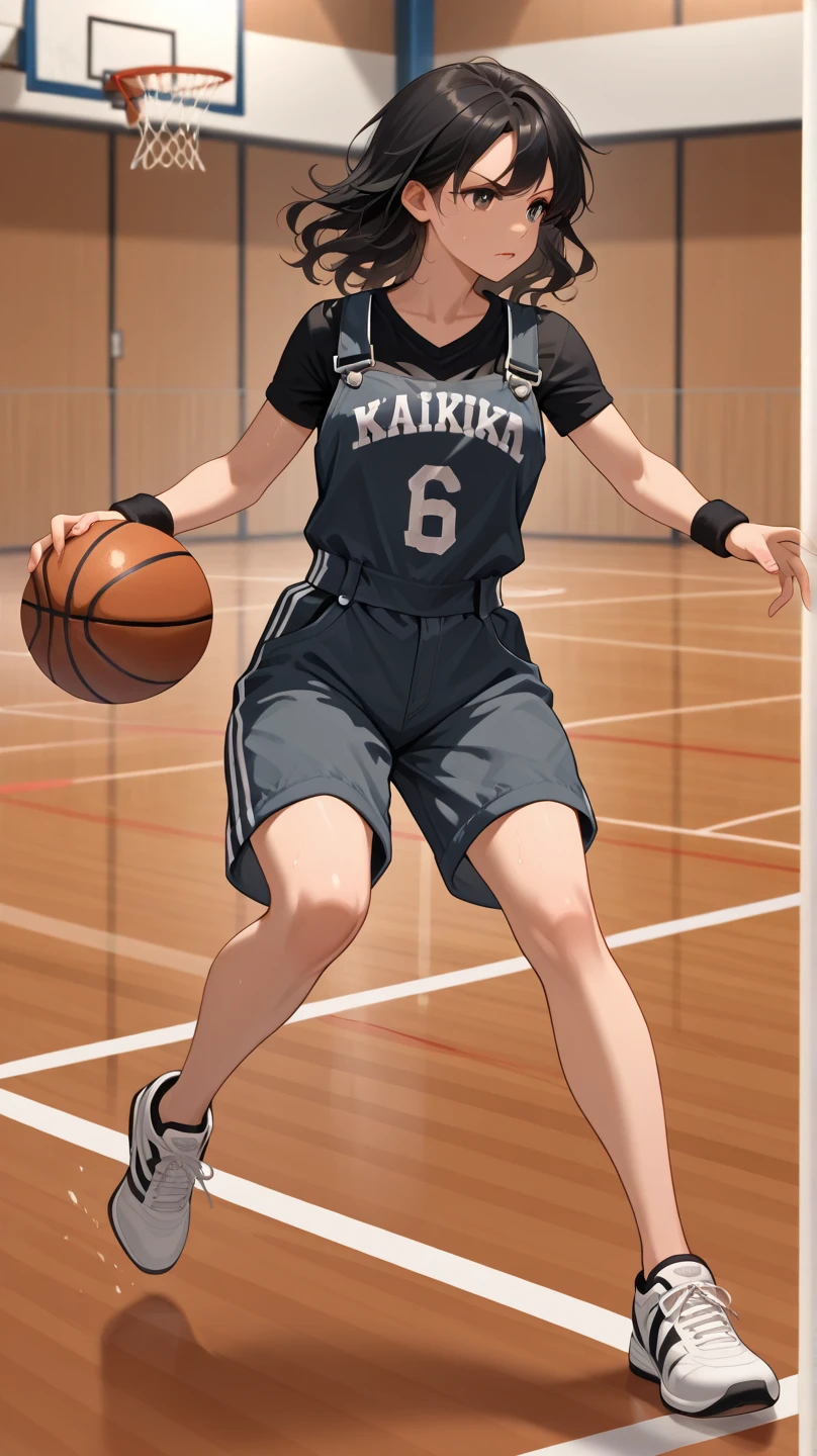Shizune, short hair, hairband, black eyes, beautiful, gorgeous woman, perfect body, perfect breasts, wearing a basketball jersey, on the basketball court, holding a basketball