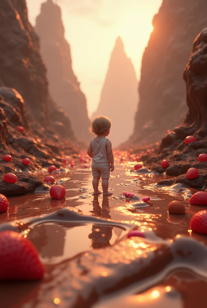 Ultra realistic photo of costumed baby of Gaara from Naruto anime, 3d illustration, soil with sand, frontal view, sand creates a structure shaped like hands on the baby for protection