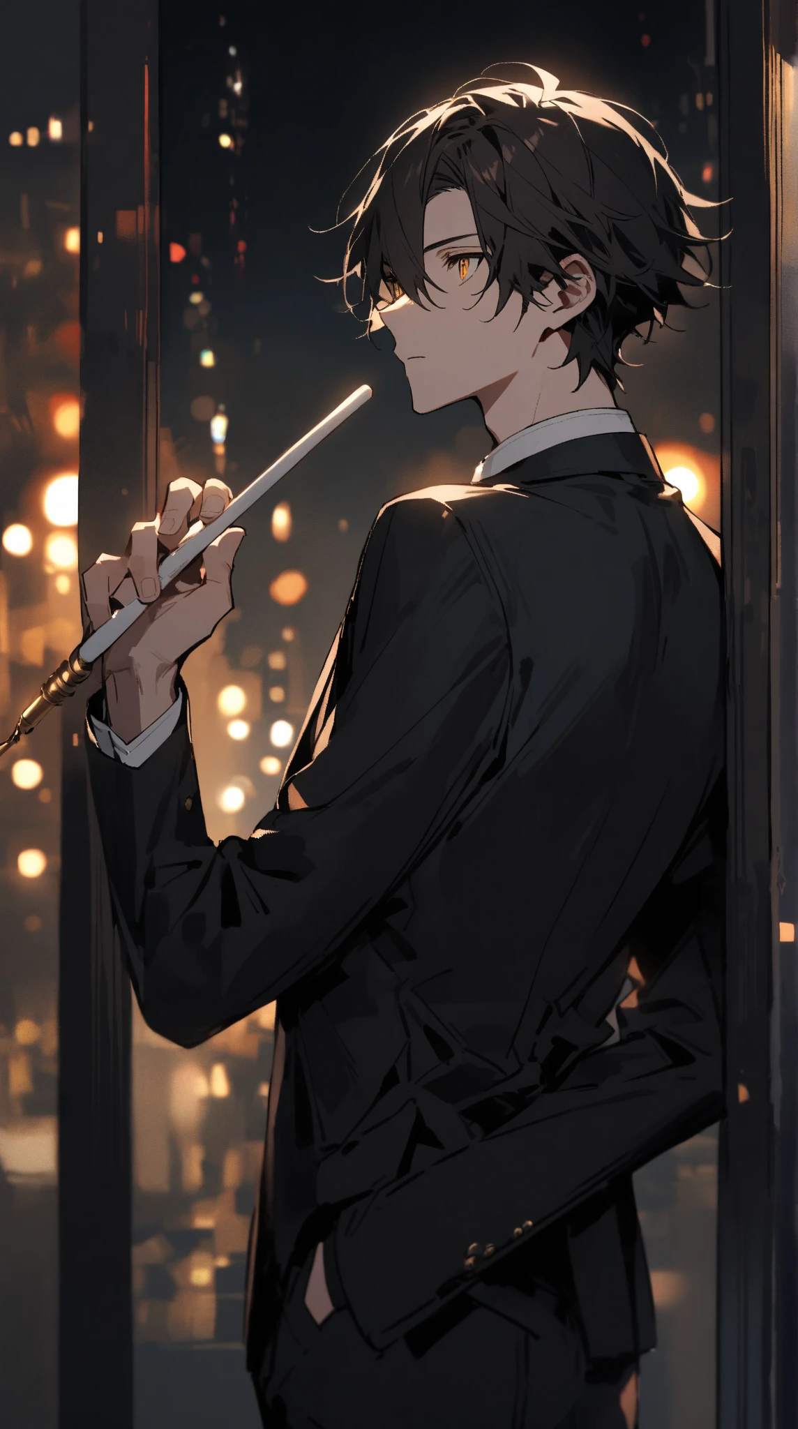 A young man with black hair, blue eyes, a black suit stood with his back turned half-face smoking a cigarette in his room at night.