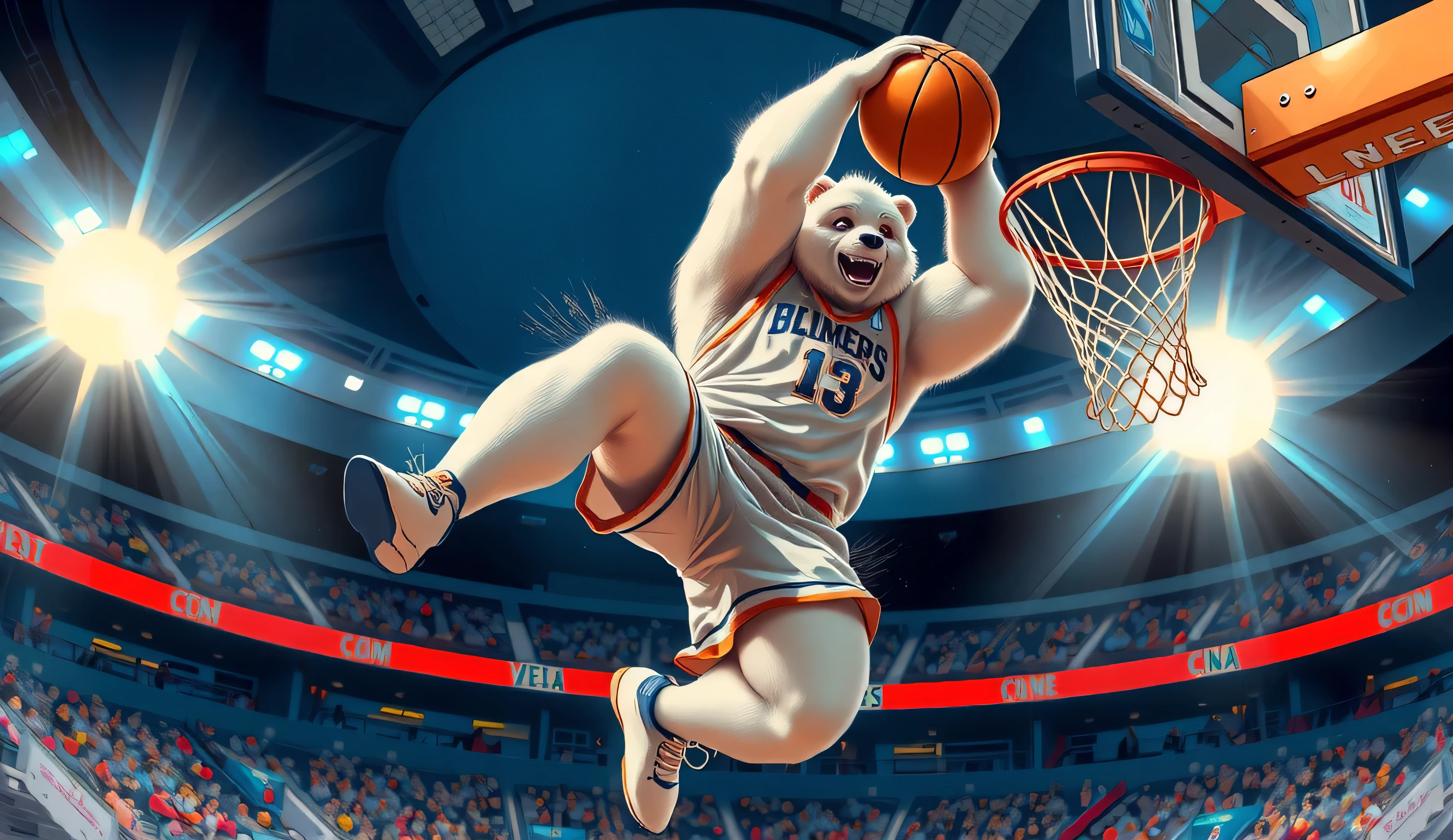 An anime-style illustration of an anthropomorphic white bear basketball player executing a powerful slam dunk on an indoor basketball court. The bear wears a professional basketball uniform, complete with a jersey and shorts, showing a muscular yet agile physique. The scene captures the moment of peak action, with the bear soaring through the air, gripping the basketball with one paw, and forcefully slamming it into the hoop. The definitive scoop photo of the moment Son Goku from Dragon Ball decided to dunk while playing basketball,The background features a well-lit stadium, with dynamic lighting emphasizing the intensity of the play. The perspective is dramatic, showcasing the height and power of the dunk, while motion blur and speed lines enhance the sense of movement. The atmosphere is energetic and action-packed, embodying the excitement of NBA-style basketball. (anime-style, anthropomorphic white bear, basketball player, slam dunk, indoor basketball court, professional jersey, muscular yet agile, dynamic lighting, dramatic perspective, motion blur, speed lines, action-packed, high-energy, NBA-style)