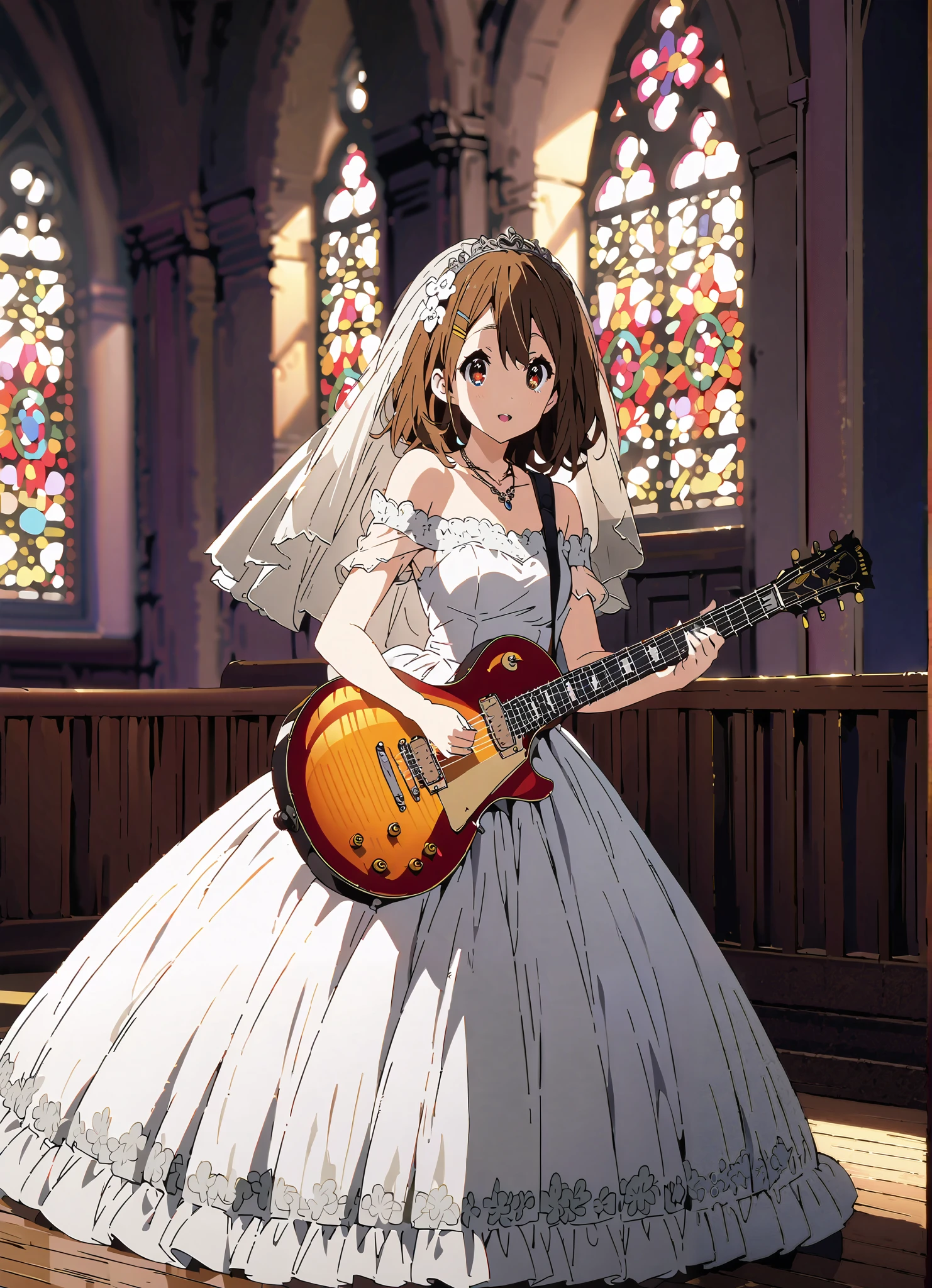 score_9, score_8_up, score_7_up, source_anime,
Plane, Plane, brown eyes, brown hair, hair ornament, hair clips, medium hair,Veil,necklace,Off Shoulder Wedding Dress,wedding long skirt,guitar( Gibson Les Paul) , Instrument playing, Stage Performance ,Sing in front of the microphone, Play in front of the microphone,is standing,smile,cover,open your mouth wide,stained glass,full bodyがillustrationsに入るように,break indoors,Chapel,church,
break looking at viewer,full body,
break (masterpiece:1.2), Highest quality, high resolution, Unity 8k 壁紙, (illustrations:0.8), (beautiful detailed eyes:1.6), very detailed face, so that it fits into the illustration, extremely detailed CG,full body写真, (perfect hand, perfect anatomy),