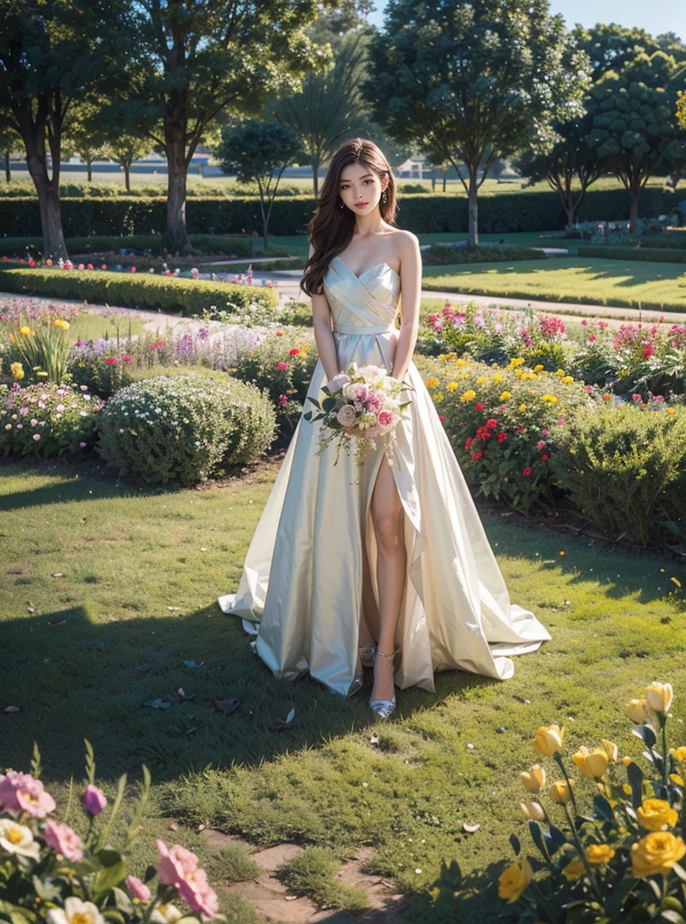 (realistic、Like a photograph、live action、8k, Photoreal, RAW photo, best image quality: 1.4), Single-lens reflex camera、RAW photo, highest quality, realistic, Highly detailed CG Unity 8k wallpaper, Depth of written boundary, cinematic light, Lens flare, ray tracing, realistic background、(Wedding dress:1.5、cleavage:1.37、big breasts、lift:1.2)、((super dense skin))、 1 female,cute japanese woman、japan bride、((completion:1.5)、looking at the viewer:1.1、embarrassed look、random hairstyle:1.2、i like the style、Snazzy、Super detailed、pay attention to details、long hair、hair arrangement、hair is up、perfect bridal dress、(white skin)、beautiful feet:1.1、standing in the garden、great atmosphere、View from the front、beautiful background、Detailed background depiction、detailed portrait