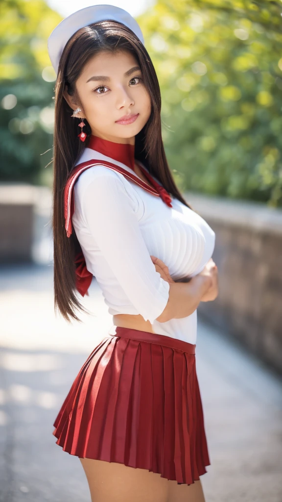 Wearing red and white dress and purple bow, 1girl, 8k, high resolution, sailor moon style, (best illustration), detailed face, huge breasts, standing action, outdoor background (super detailed), short black hair, realistic, facing the audience, attractive, very detailed, 25 years old