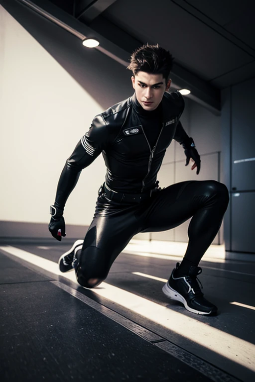 ((Best Quality, 8K, ultra-detailed, Masterpiece: 1.3)), 1boy, shiny skin, sharp, Perfect Body Beauty, realistic shaded perfect body, (cute baby face:1.1),("bodysuit, techwear,big bulge ":1.2),("leggins , armor":1.1),("glove, armor":1.1 ),(techwear)(dynamic pose:1.1), thigh , battle field , (bulge focus:1.2) ,squatting, huge fat buttock , torn bodysuit , broken bodysuit