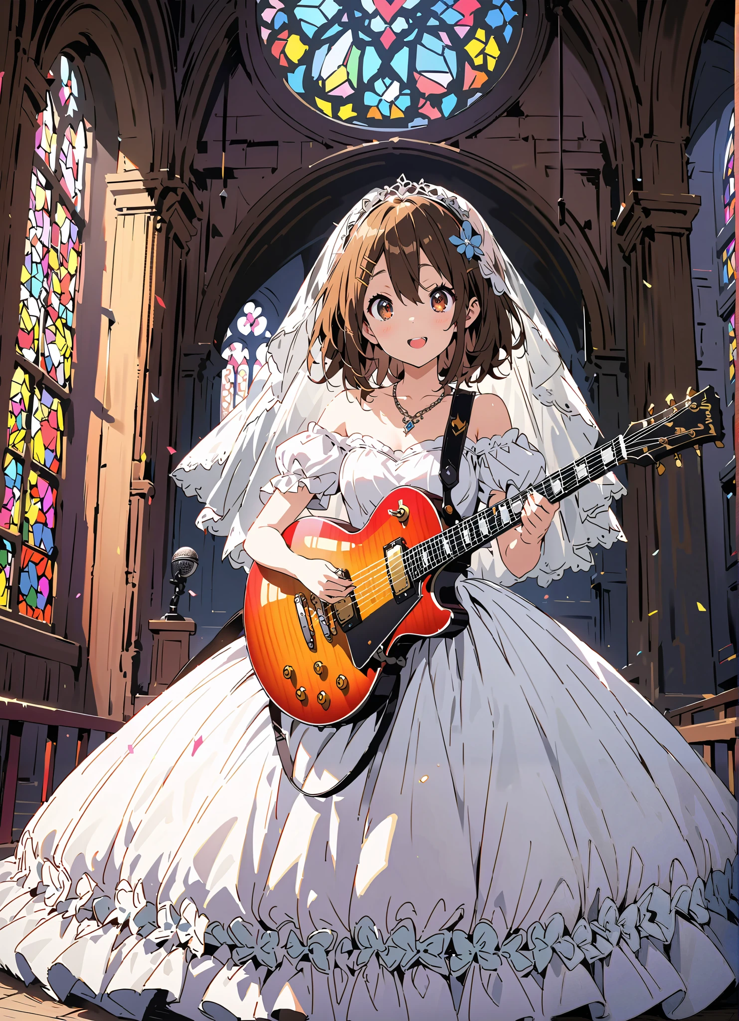 score_9, score_8_up, score_7_up, source_anime,
Plane, Plane, brown eyes, brown hair, hair ornament, hair clips,  medium hair,Veil,necklace,Off Shoulder Wedding Dress,wedding long skirt,guitar( Gibson Les Paul) , Instrument playing, Stage Performance ,Sing in front of the microphone, Play in front of the microphone,is standing,smile,cover,open your mouth wide,stained glass,full bodyがillustrationsに入るように,break indoors,Chapel,church,
break looking at viewer,full body,
break (masterpiece:1.2), Highest quality, high resolution, Unity 8k 壁紙, (illustrations:0.8), (beautiful detailed eyes:1.6), very detailed face,  so that it fits into the illustration, extremely detailed CG,full body写真, (perfect hand, perfect anatomy),