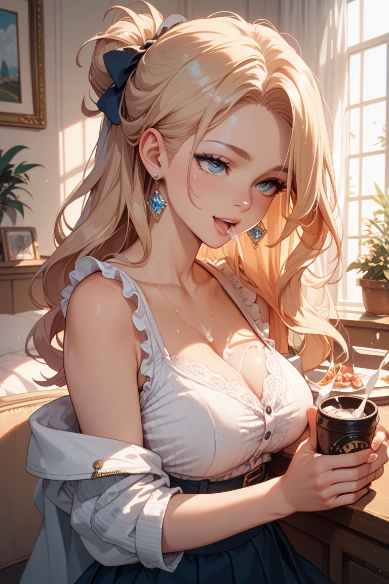 Jolie belle blonde portant une chemise blanche (Drinking coffee in a modern cafe at sunrise), very detailed, 22 ans, visage innocent, naturally wavy hair, blue eye, high resolution, head of'artwork, best quality, intricate details, very detailed, sharpness, detailed skin, realistic skin texture, texture, detailed eyes, professionnel, 4K, charming smile, prise avec Canon, 85 millimeters, Slight depth of field, kodak vision color, corps parfaitement ajusté, extremely detailed, photo_\(ultra\), photorealistic, realistic, Post-traitement, maximum details, roughness, real life, ultrarealistic, Photorealism, la photographie, 8k uh, la photographie