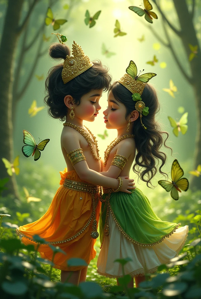 Karna the character of Mahabharata hugging his wife and both are child and karna has bow and arrow in his back