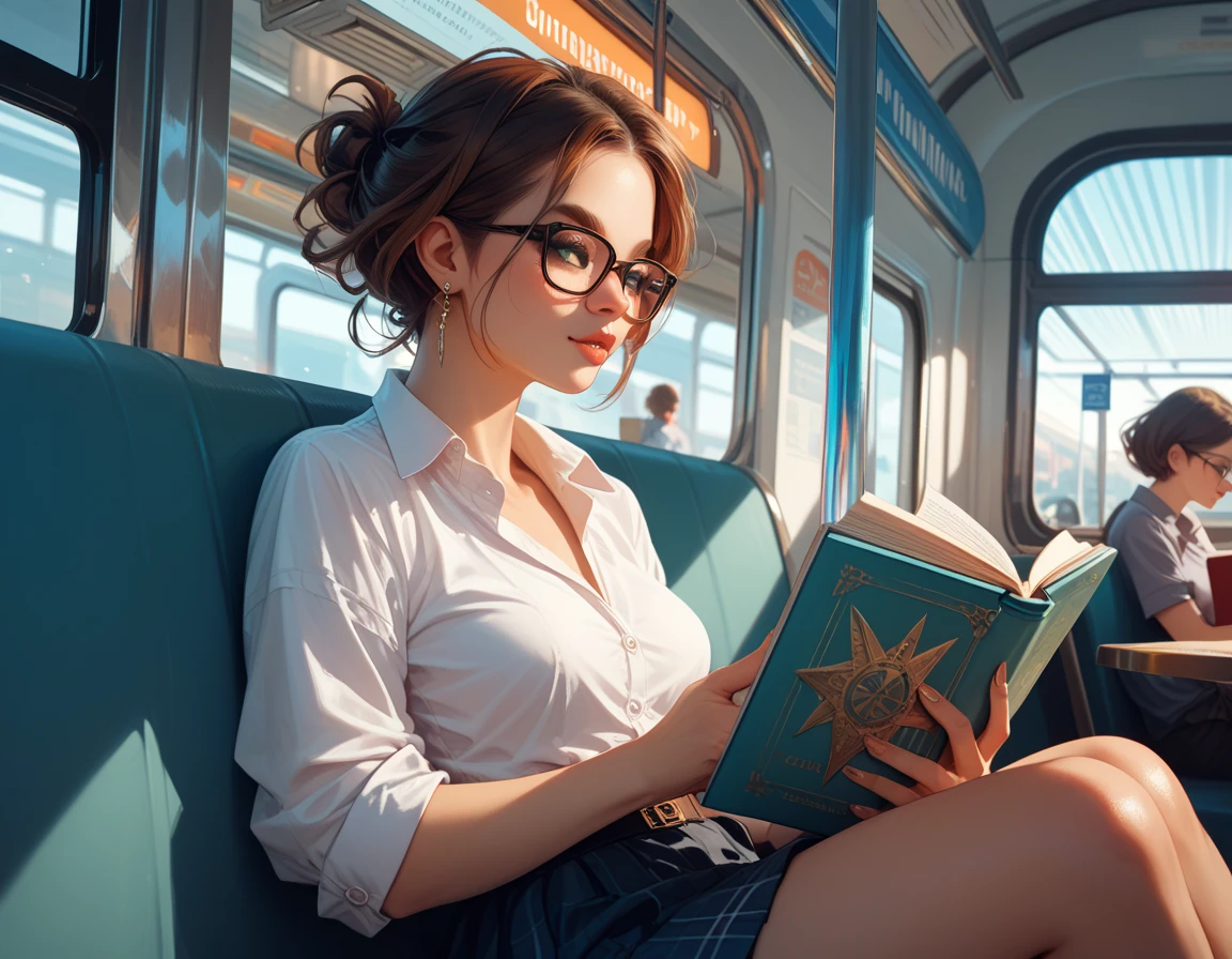score_9, score_8_up, score_7_up, realistic anime, a woman reading a book, public transportation, 80's fashion, leggings, leg warmers, baggy croptop, off the shoulder