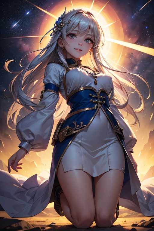 Full Body, Silver-haired young girl, golden eyes, angelic body and face, and a blue crystal armor with a mini skirt, wield a spear, wear a cloak, shield, and golden circlet, sitting on the throne of blue heaven, white seraphic wings, dusk, and dawn background scene, the magic circle with a diamond star, innocent smile, stable diffusion v5, anime style v3, lora style v5, dynamic, image enhance, dream shape, vibrant, realistic face, 32k resolution, upscale, sharp focus, best quality, masterpiece, ghostmix, flat color, flat light.