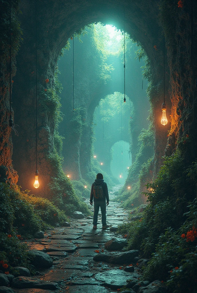 Image of a cartoon character lost in an endless maze full of moss, stone walls and countless doors, that person stands at the beginning of the maze and the image of the maze gradually fades
