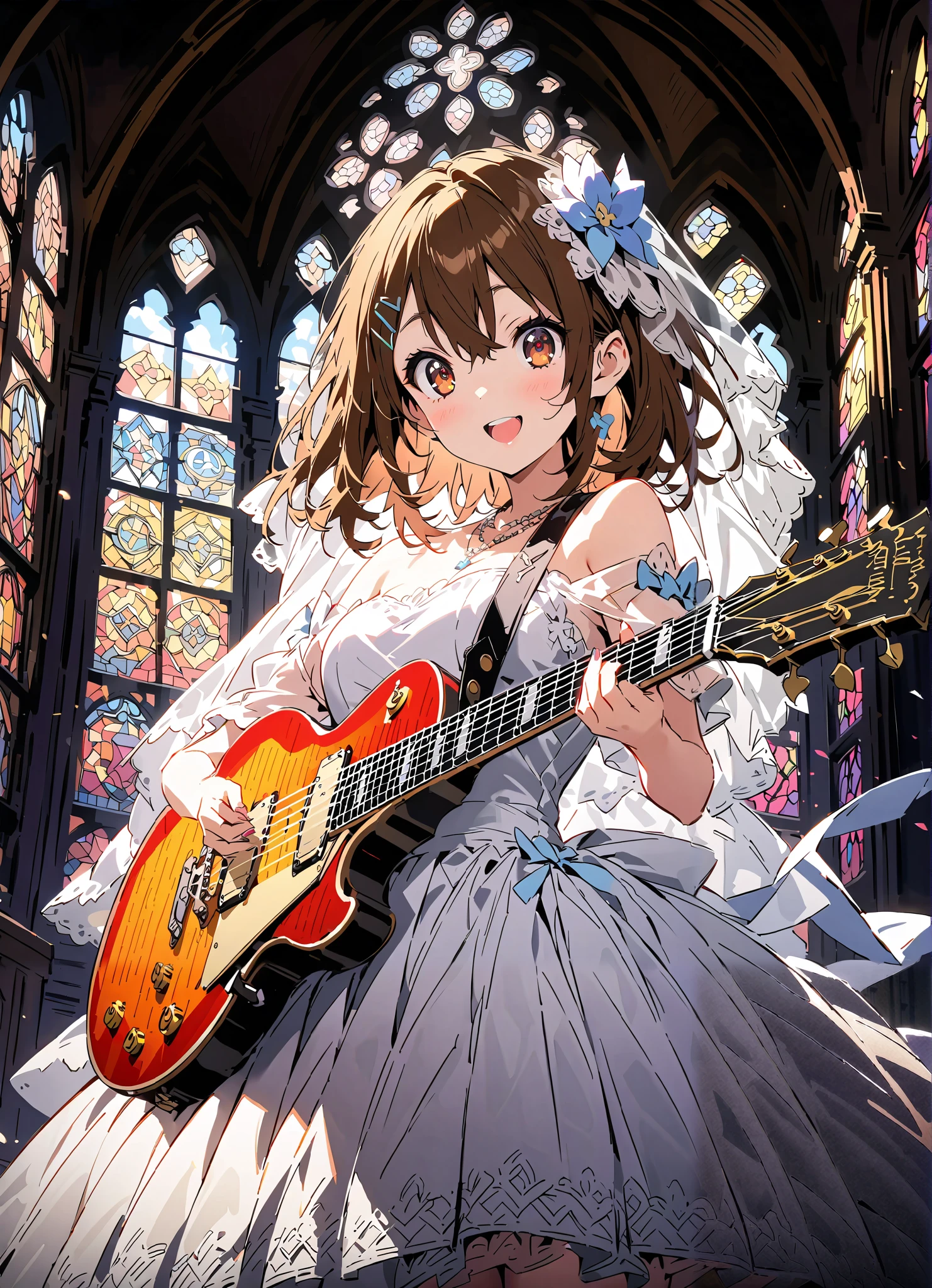 score_9, score_8_up, score_7_up, source_anime,
Plane, Plane, brown eyes, brown hair, hair ornament, hair clips,  medium hair,Veil,necklace,Off Shoulder Wedding Dress,guitar( Gibson Les Paul) , Instrument playing, Stage Performance ,Sing in front of the microphone, Play in front of the microphone,is standing,smile,cover,open your mouth wide,stained glass,full bodyがillustrationsに入るように,break indoors,Chapel,church,
break looking at viewer,full body,
break (masterpiece:1.2), Highest quality, high resolution, Unity 8k 壁紙, (illustrations:0.8), (beautiful detailed eyes:1.6), very detailed face,  so that it fits into the illustration, extremely detailed CG,(perfect hand, perfect anatomy),