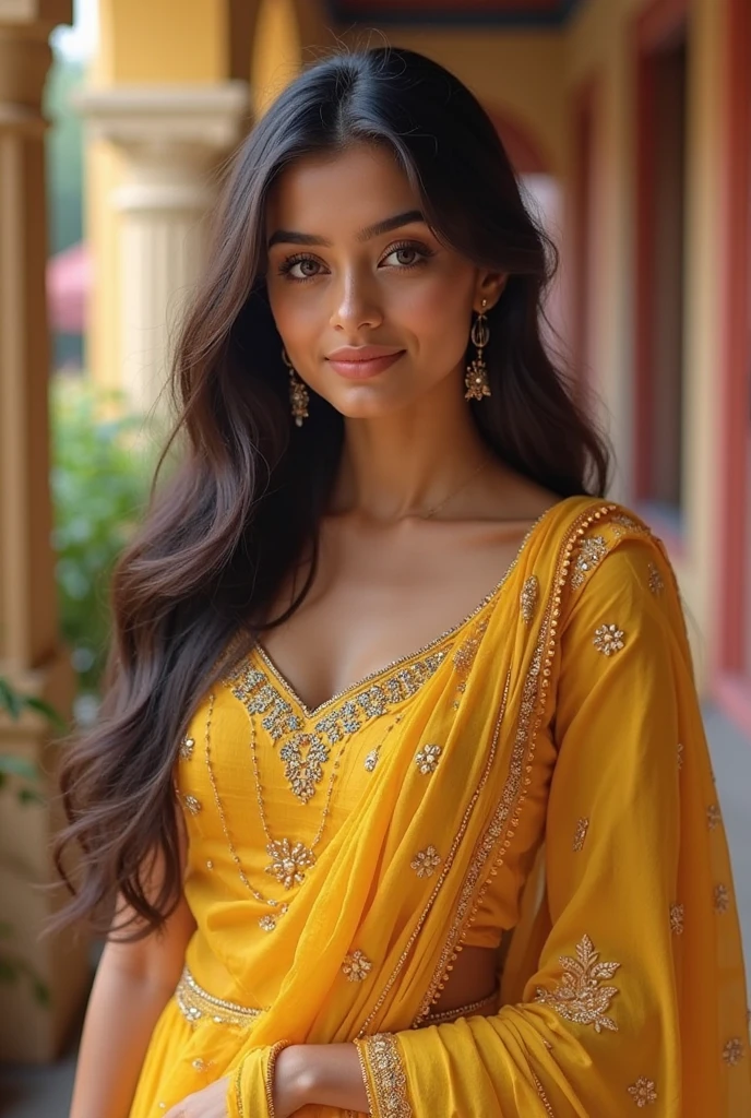 A girl wearing Indian suit with spider print 