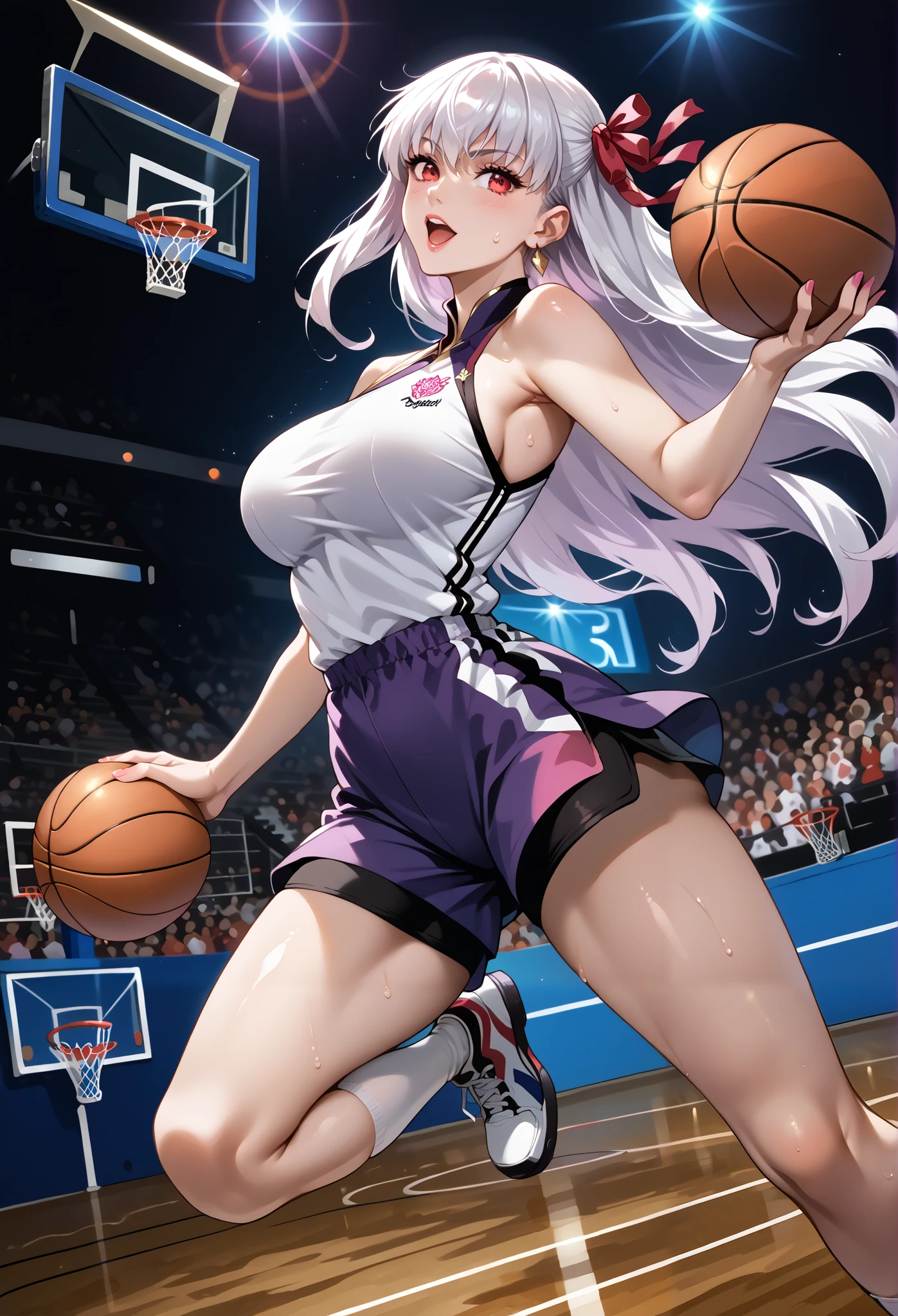 score_9, score_8_up, score_7_up, source_anime, 4K,perfect fingers,(perfect hands, perfect anatomy),prefect lighting, very aesthetic, intricate details,highly detailed background, masterpiece, high quality, best quality,
fatekama, kama, hair ribbon, red eyes, red ribbon, ribbon, long hair, white hair, large breasts,
photorealistic depiction of a basketball match in basketball court . many girls panicking in background, dunking on the basketball ring,dramatic action shot , neon lights, lens flare . colorful lighting, the setting is very bright and colorful, sweaty, NBA, 3/4 body. (super sharp focus), (slam dunk, into basketball ring infront of her), (holding 1 ball with 1 hand), bursts of colors,(the girl jumping in the air to score a dunk shot, about to dunk the ball), (sideview),