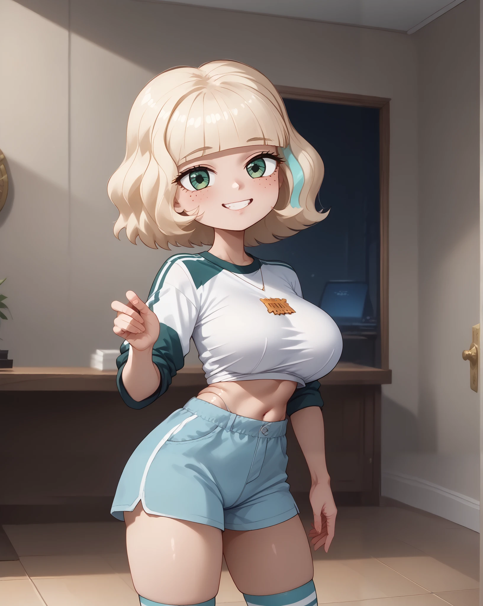 highly detailed skin texture, finely detailed hair, perfect face, perfect body, perfect hair, perfect anatomy, portrait, dynamic angle, wide view, wide-angle lens,, extremely detailed, CG, 8k Amazing, finely detail)), (intricate details, depth of field), 8k UHD, (masterpiece, best quality),(amazing quality,very aesthetic,absurdres,best quality,newest, masterpiece)), ultra detailed, best quality, beautiful face, perfect anatomy, anatomically correct, athletic sexy body, Expressiveh, (cute face, cute body))), (((Jackie Lynn Thomas,1girl,solo,short hair,blonde hair,shirt,long sleeves,green eyes,white shirt,shorts,medium hair,kneehighs,freckles,blue tight shorts,raglan sleeves, high wasted thong), cowboy shot, bursting breasts))), ((large breasts, slim sexy body, curvy hips, seductive pose, flirting, naughty face, blush)), (((looking at viewer, happy smile, joy, cowboy shot, dynamic pose)))), curvy, toned, athletic, standing, arms up, (((seductive pose, sexy pose, cowboy pose)), indoors,((hourglass figure)), ((pinup pose, seductive pose,dynamic pose, seductive), ((precise face and eyes:1))
