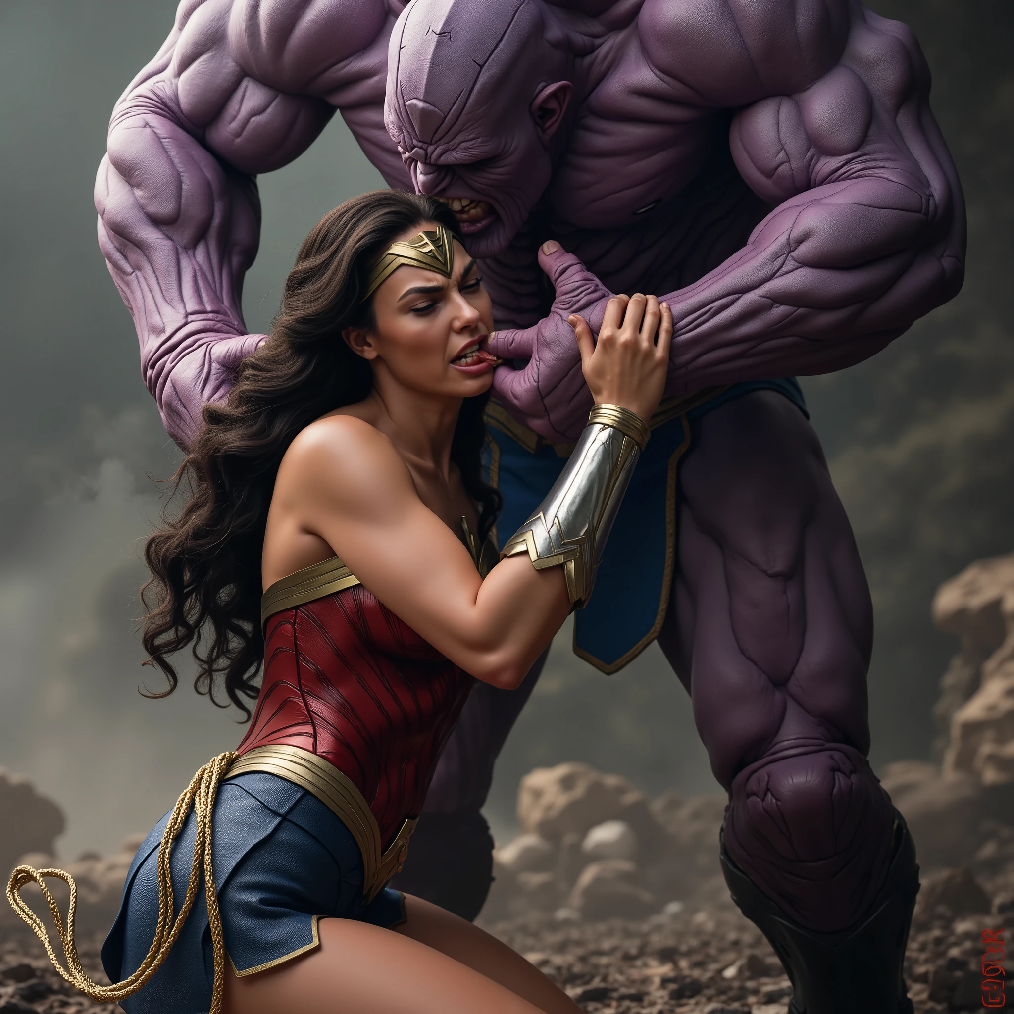 Gal Gadot as Wonder woman, bright white skin, painful face, she is kneeling face to a huge body standing Thanos, she push him out, she is screaming in pain, Thanos pull her face down to his belt buckle, Huge body Thanos is standing in front of her, he is naked, his penis is in her mouth, he tightly hold her head, ((his penis is in her mouth)),