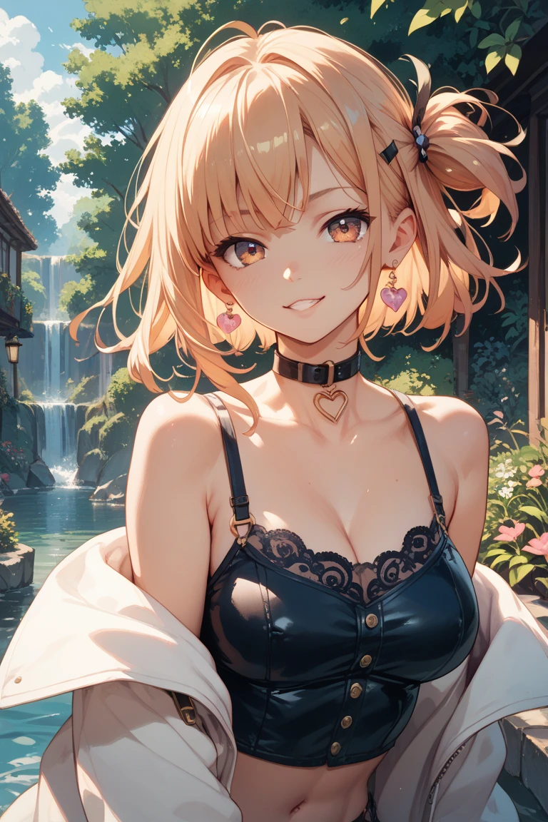 masterpiece、Highest quality、High resolution、High-quality images、8k, -yeld giSkin Radiance、Texture of skin and clothing、Expression of fine eyes、Shining blonde、Hair that falls over the shoulders、dress, Beautiful bright yellow eyes, Fuller lips, Gorgeous face with attention to detail, (Cute Smile), charm, Innocent, Side view, (Perfectly detailed face), (Beautiful Hands) Photorealistic images, Written boundary depth, flower、sun、Big Breasts、garden、、Feather ornament、White clothes、Saint Solo, High resolution, Anatomically correct, accurate, Winner of numerous awards, High detail, Textured skin,