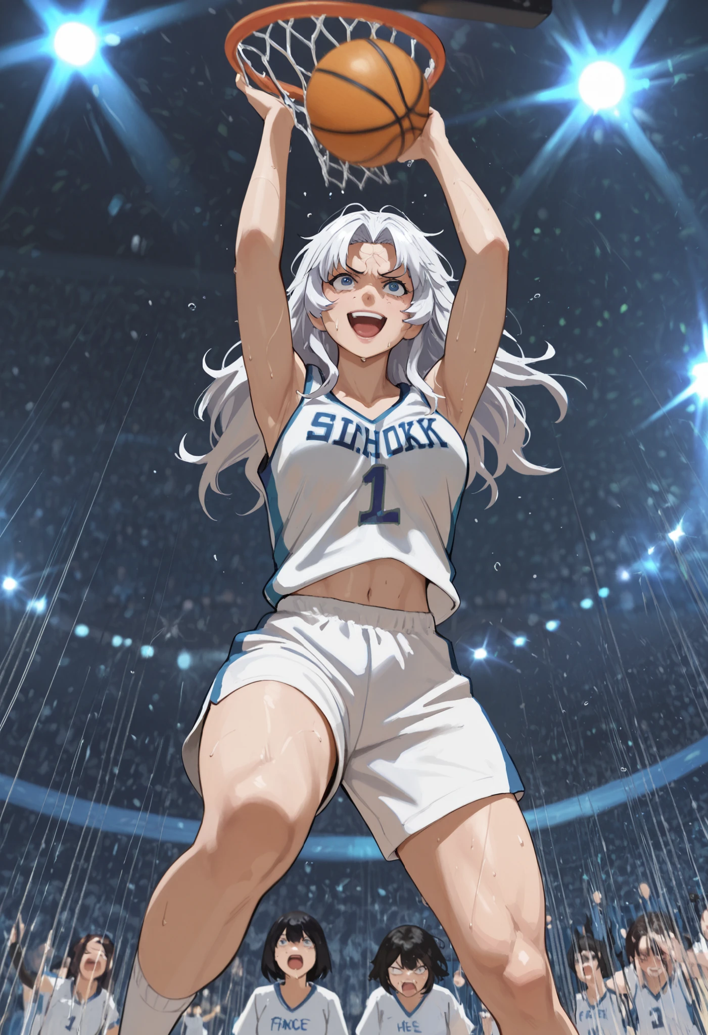 A female basketball player making a game-winning slam dunk in the final moments of a match. She leaps with full force, powerfully slamming the basketball into the hoop. Her face shows a triumphant smile, confident of victory. Her uniform is wrinkled and slightly disheveled from intense movement, and sweat causes strands of hair to stick to her forehead. The scene captures the dramatic, high-energy moment in a dynamic, realistic style