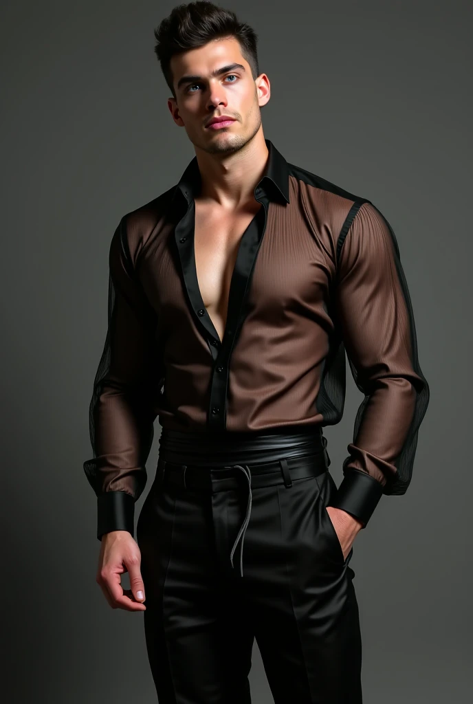 Handsome Latin Man Glamor Modern Fashion Fashion suit Black lace clothing haute couture tailoring Athletic Sexy black lace pop Star Bare chest Transparent and tulle. tight pants showing the muscles. Transparent lace pants showing the skin and underwear
