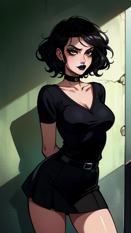 ((masterpiece), best quality, high quality, professional quality, highly detailed, highres, perfect lighting, natural lighting), Femme fatale, Short, Narrow Hips, Heart Face, perfect eyes eyes, Pale Skin, Black hair with purple highlights, yellow Eyes, Snub Nose, Pouty Lips, Prominent Chin, Waist-Length Hair, Wavy Hair, big breasts, purple lipstick, ((Wearing: Black opened jacket, Strapless leather top, tight black pants, belt and leather boots:1.2)), cleavage, midriff, she's looking at the camera with an inexpressive look, she's smoking a cigarette, Graffiti Alley, Trash Can, she's leaning up against a wall.
