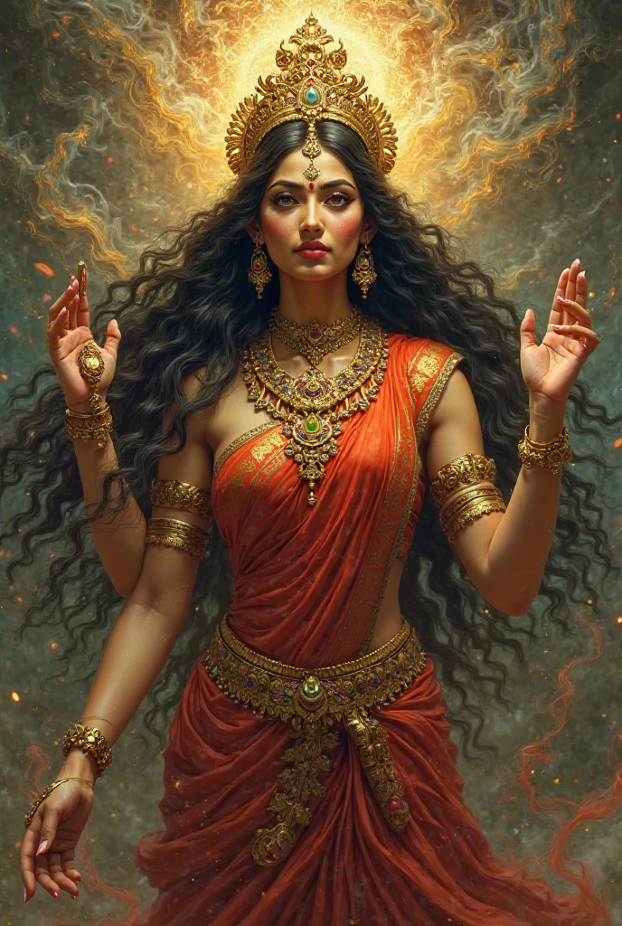 Indian goddess Durga with a text Durga realistic in saree red and jewellery bengali 10 hands text durga text will be "DURGA"