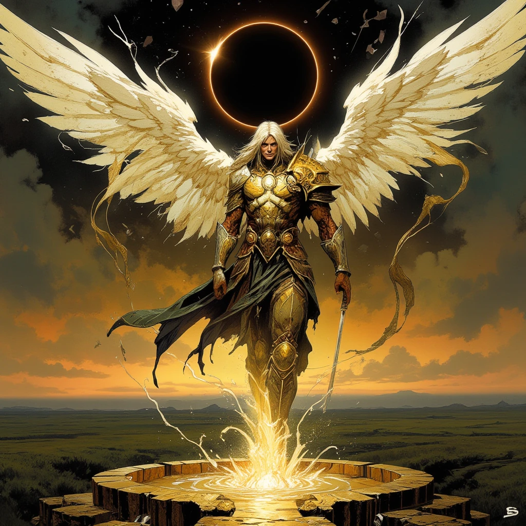 A huge angel has his eyes covered and around his head there are two spinning wheels and around the wheels he has many eyes and he has hair made of light and a huge sword of fire in his hands. 