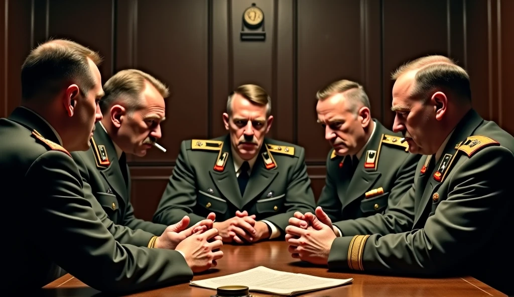 a highly detailed photo of german 1940 generals and commanders in a meeting room, realistic, photorealistic, 8k, ultra-detailed, professional, dramatic lighting, intense expressions, serious demeanor, military uniforms, oak table, chandelier, German flags