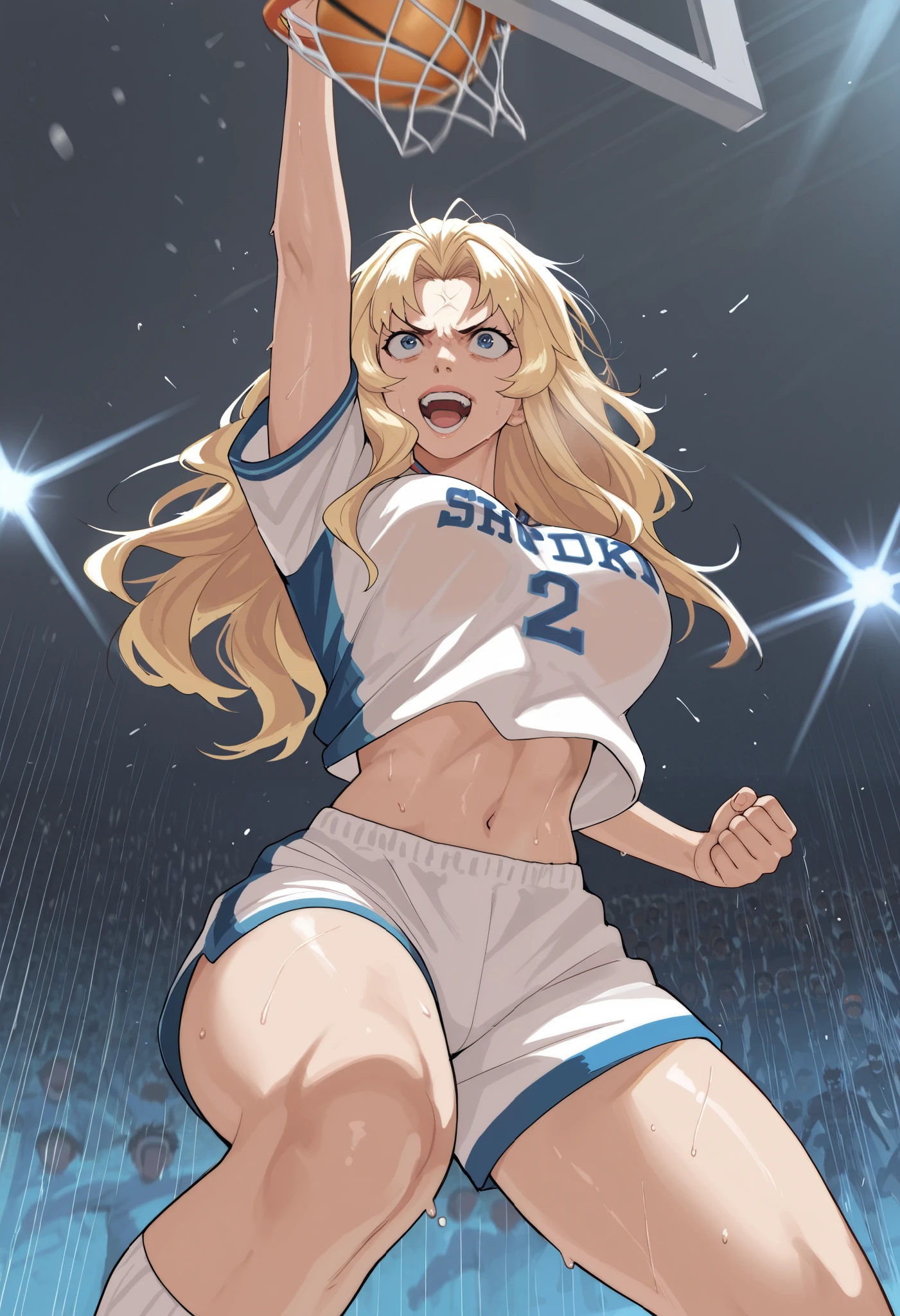 A female basketball player making a game-winning slam dunk in the final moments of a match. She leaps with full force, powerfully slamming the basketball into the hoop. Her face shows a triumphant smile, confident of victory. Her uniform is wrinkled and slightly disheveled from intense movement, and sweat causes strands of hair to stick to her forehead. The scene captures the dramatic, high-energy moment in a dynamic, realistic style