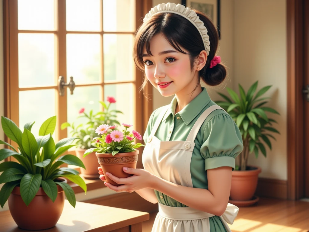 Florist girl, with apron and flowers in hand, arranging blooms in a vase, Delicate petals soften her features, Sunlight filters through the window, casting hues on her gentle face, A sweet scent fills the air around her workspace, Personal touch adds to each flower arrangement, Bringing joy to those who receive her creations.