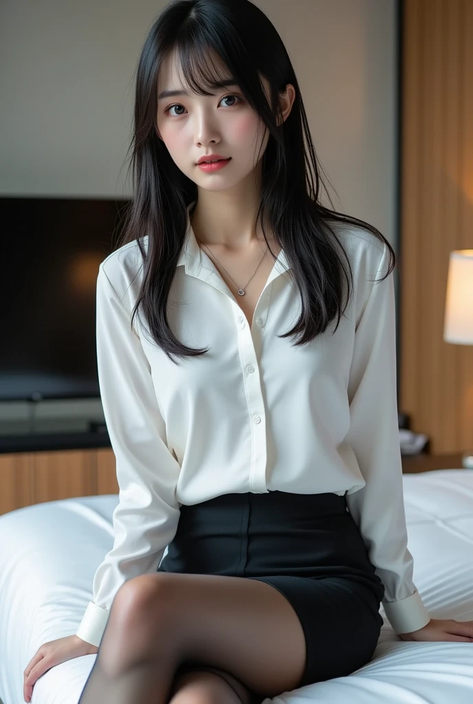 1 Girl,Sit on a comfortable sofa,Soft Light,Chinese Beauty, Suit suit,Short skirt,Hip skirt,Dark-haired,Length of hair