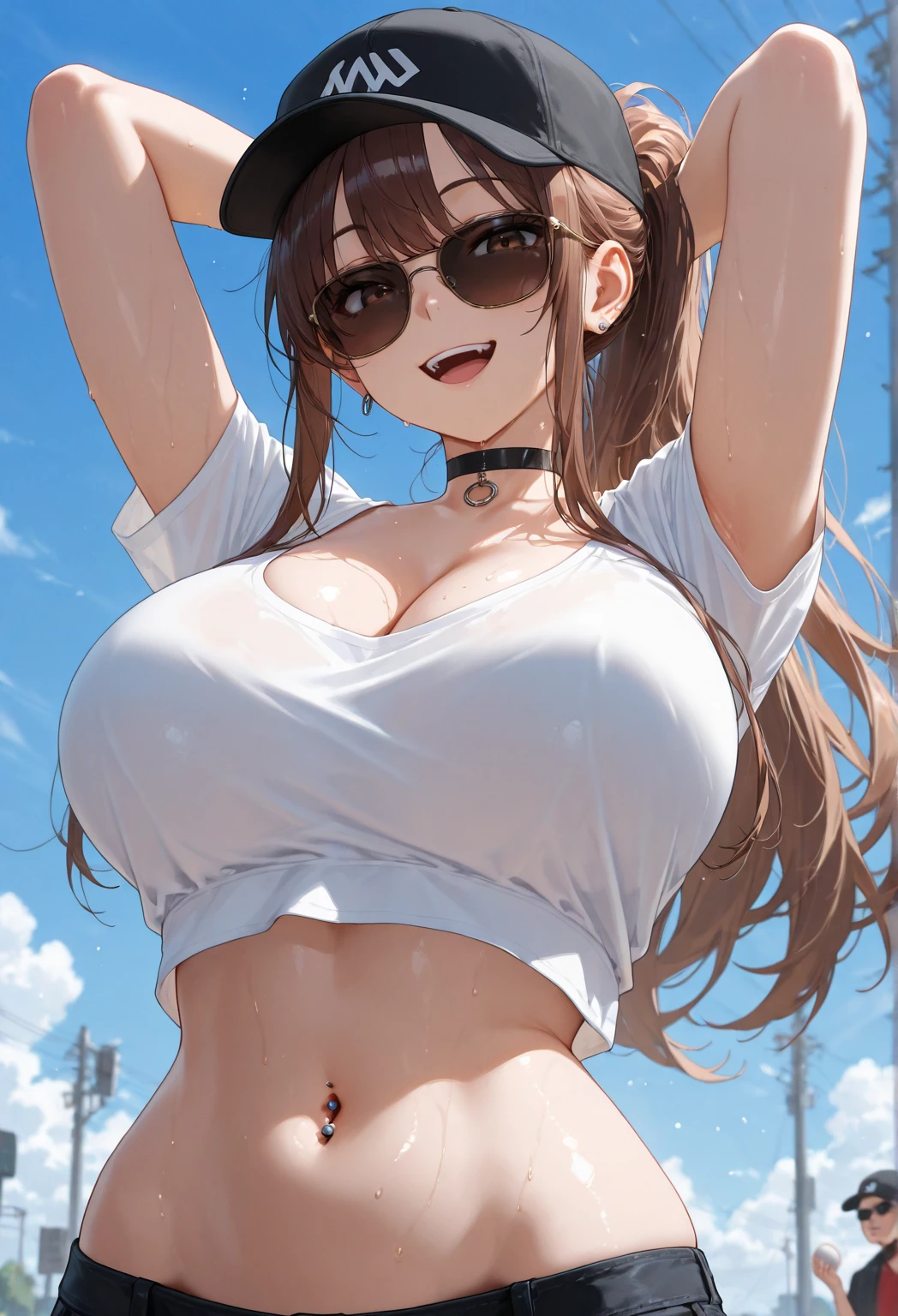(masterpiece:1.3), (absurdres:1.3), (best quality:1.3), (ultra-detailed:1.3),(best shadow:0.7), (handled hair), perfect anatomy, 1girl, solo, rosa(pokemon), double bun, visor cap, hair bun, long_twintails, brown hair, blue eyes, hair between eyes, ((gigantic breasts:1.3)), ((beltbra)), strapless, belt, underboob, blue jeans, areola