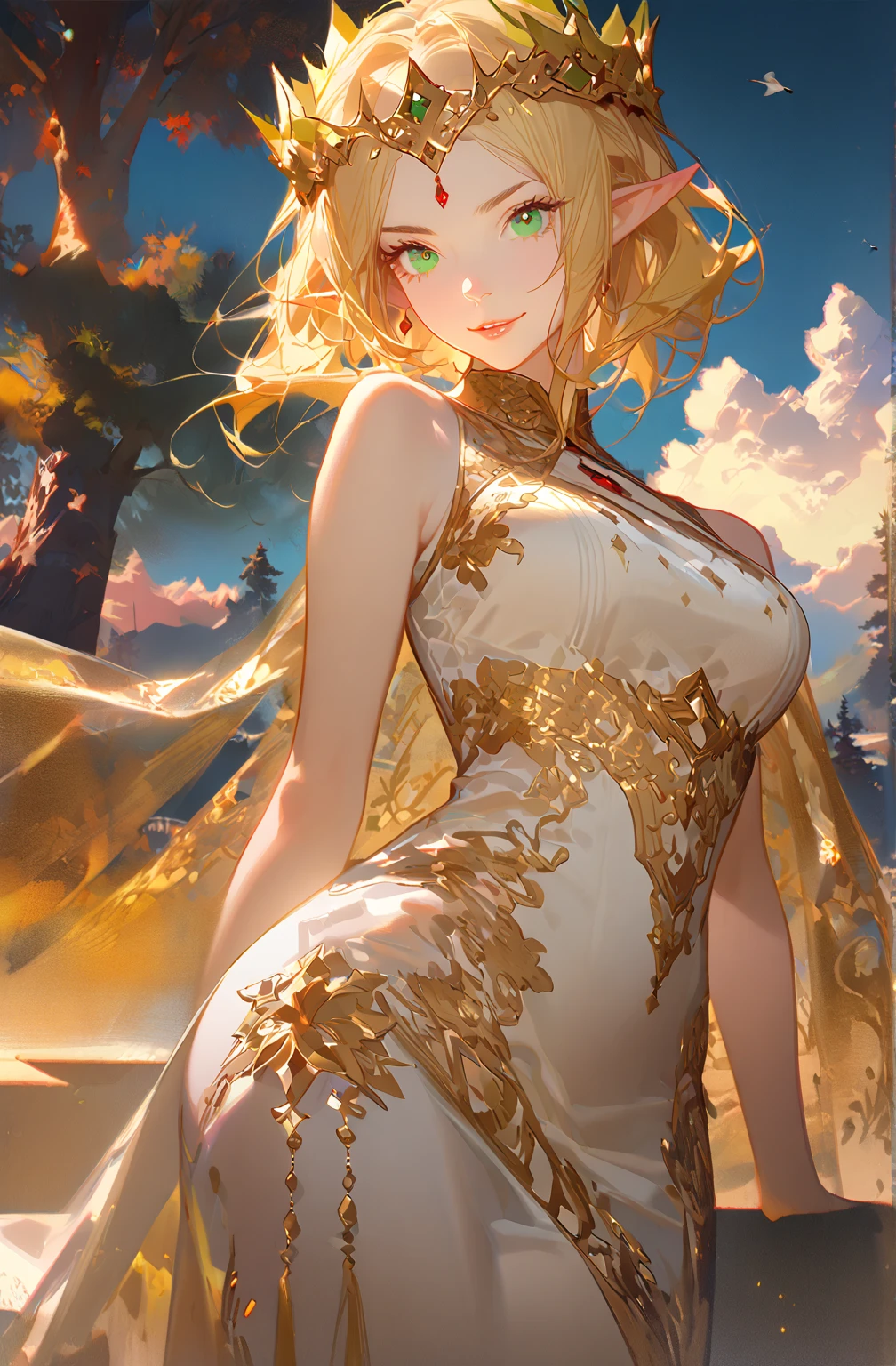 ((masterpiece)), (((best quality))), ((ultra-detailed))(a mature female:1.30),slim legs, black 🧦,(beautiful dress with golden trim),hair flower,(✋),medium breasts,(lie down),earing ,(genshin impact),(large view:1.2),(yellow moutains),🍂,golden sky,(randomly cloudy:0.93),(magnificent 🪵 🏘:1.4),(randomly white birds:0.98),(river),((illustration)),((disheveled hair)),(bright background),