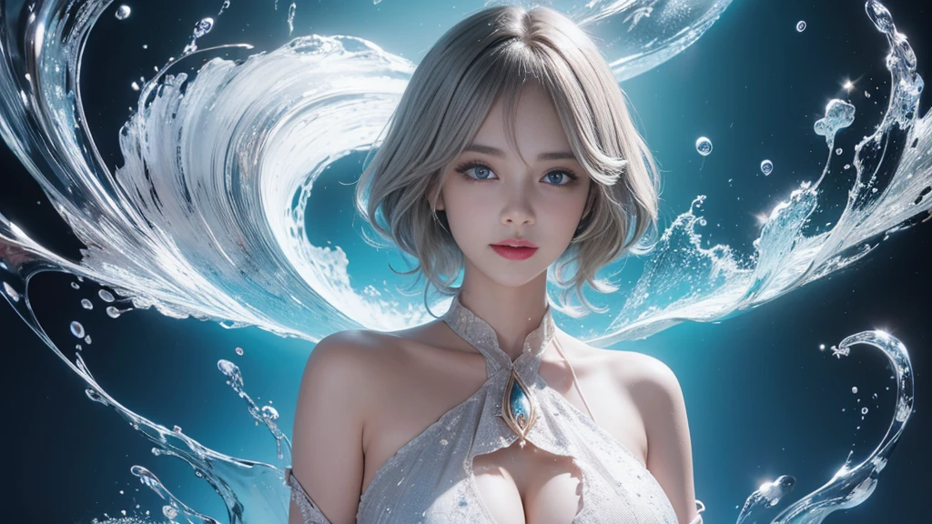 (Best Quality:1.5), (Exquisite CG), (High resolution:1.5)、Close-up of a smile、greeneye、Sapphire green eyes、lipgloss、Eye Gloss、Raise the corners of your mouth and smile、Open your mouth a little、round and large eyes、short silver hair、the background is the universe