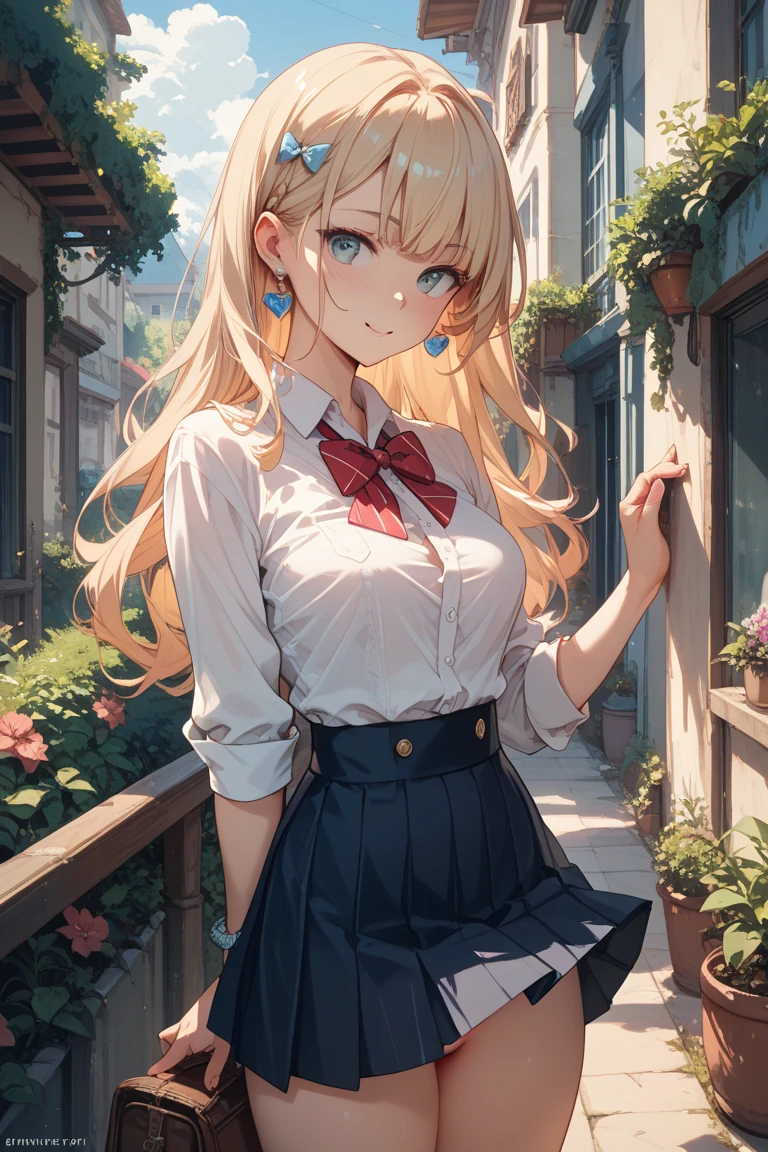 Realistic and detailed image of a girl dressed in school uniform and pleated mini skirt. She has long wavy blonde hair in pigtails. Blue eyes. She has earrings, long eyelashes. she has small breasts, slim waist, wide hips and thick thighs. smiling, pleased face. arched back. She is in a high school hallway next to a garden with flower petals falling around her.