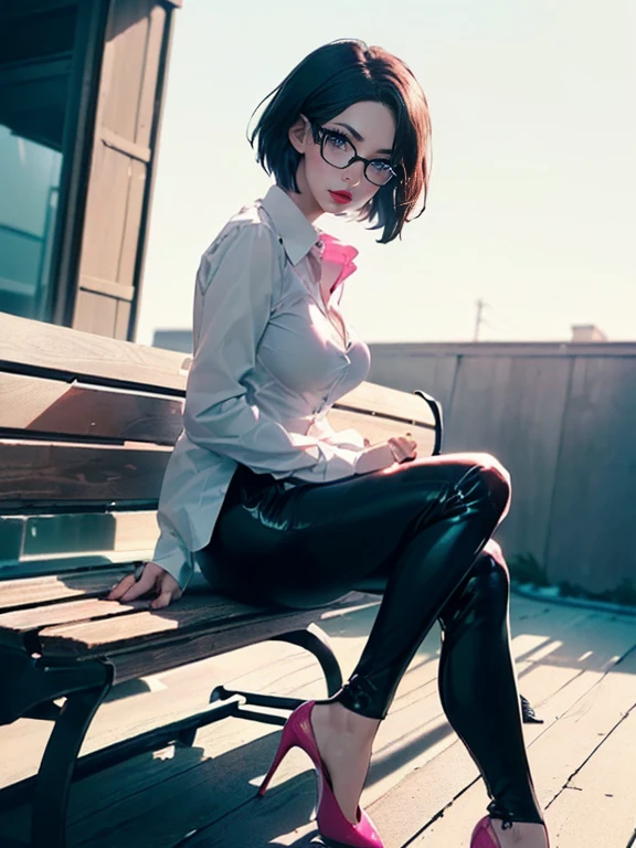 (1girl, solo, alone), (WakatsukiRisa, Sarada Uchiha, black hair, short hair, black eyes, red glasses), ((solo, (1woman, pink lipstick, (small breasts), black eyes), Extremely detailed, ambient soft lighting, 4k, perfect eyes, a perfect face, perfect lighting, a 1girl)), austere, ((black leather pants, (high heels, ((dress shirt, white shirt, long sleeve blouse))), black leggings, leather pants, black pants, ((stiletto high heels, (peep toes), black high heels with red soles, high heels)), tight clothes, shiny leather, leather, leathery, farm, balcony, ((sitting on a bench, stool)), farm background, pond)), ((itness, muscular, shapely body, athletic body, toned body))