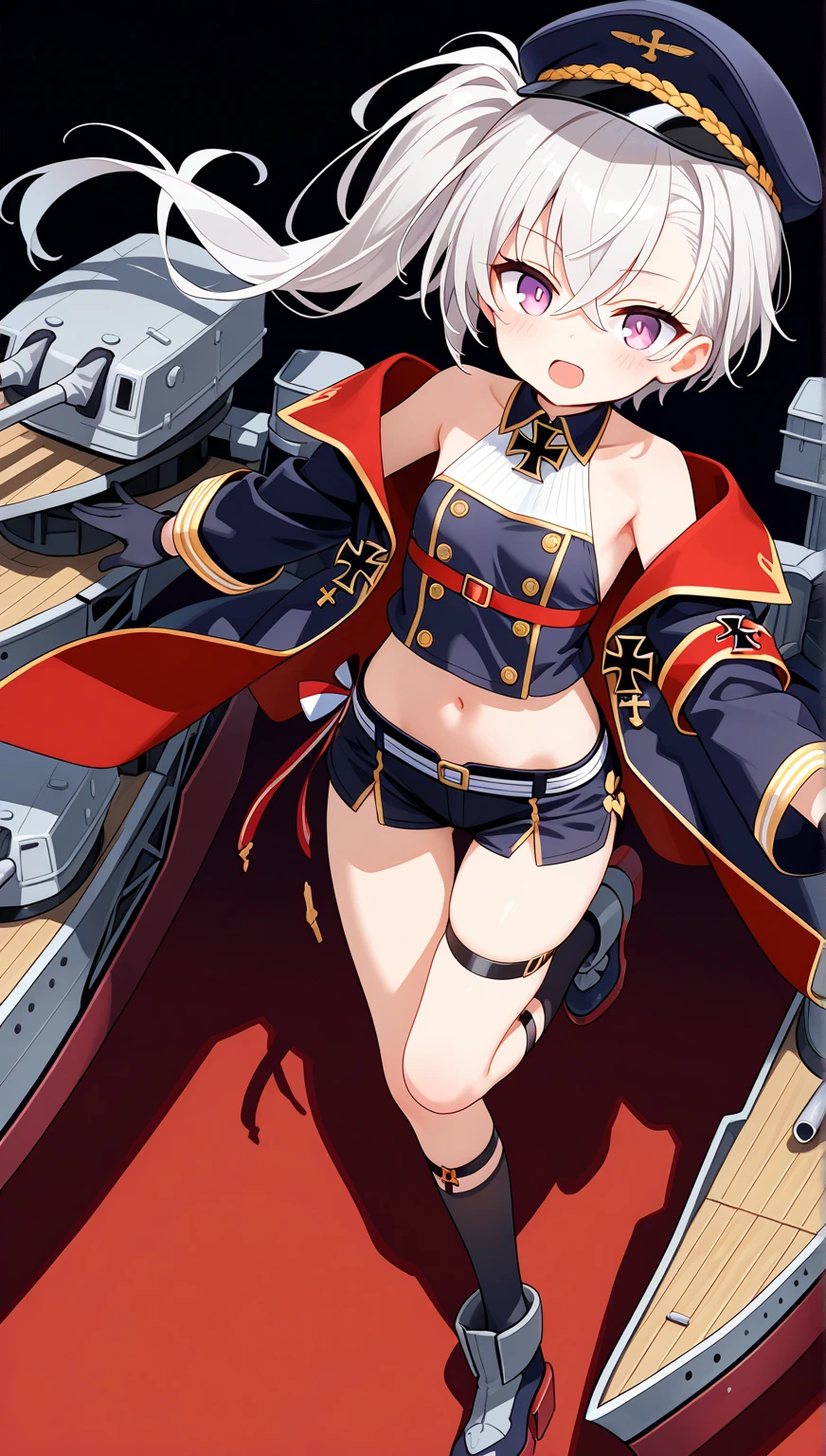 Special Forces Girls,during war,Grinning face,topless,belly button,aircraft carrier,Inward-curling ponytail,hat,Japanese flag